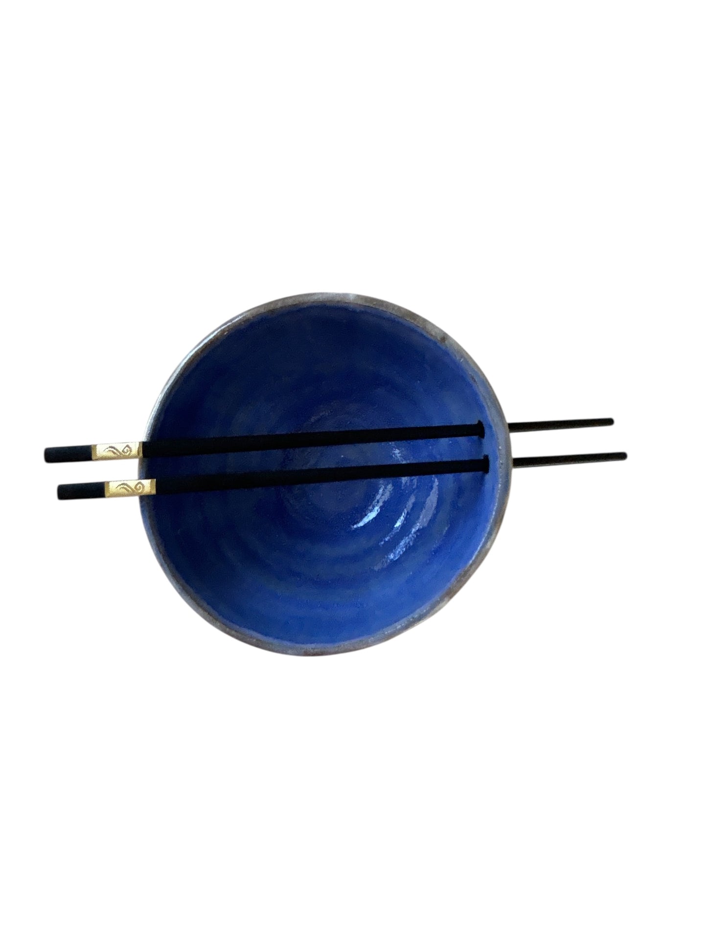 Wheel-Thrown Ramen Noodle Bowl #23 with Built-In Chopsticks Holder with Handpainted Shell in Blue and White