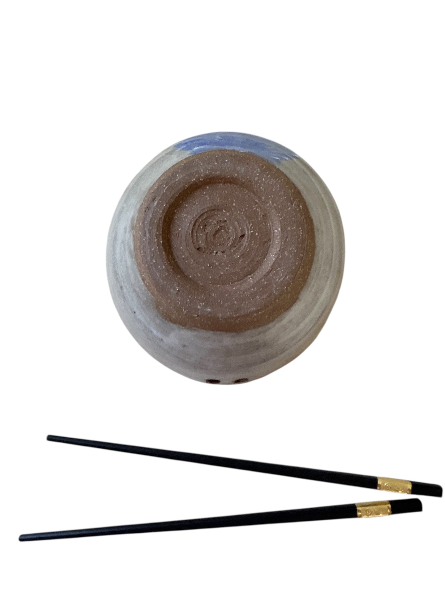 Wheel-Thrown Ramen Noodle Bowl #23 with Built-In Chopsticks Holder with Handpainted Shell in Blue and White