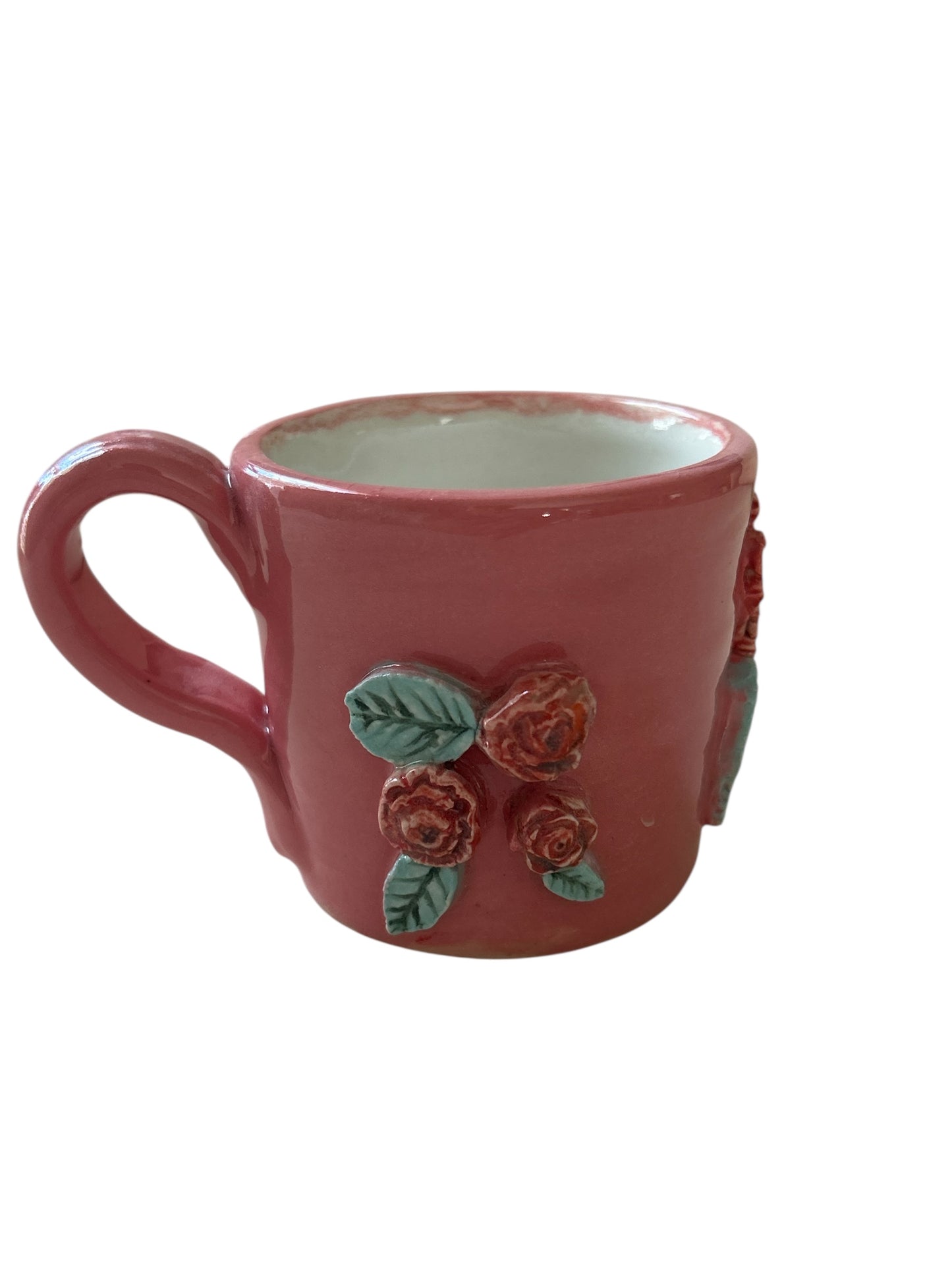 Sprigged Mug #2 with Red Roses in Relief from Pink Background