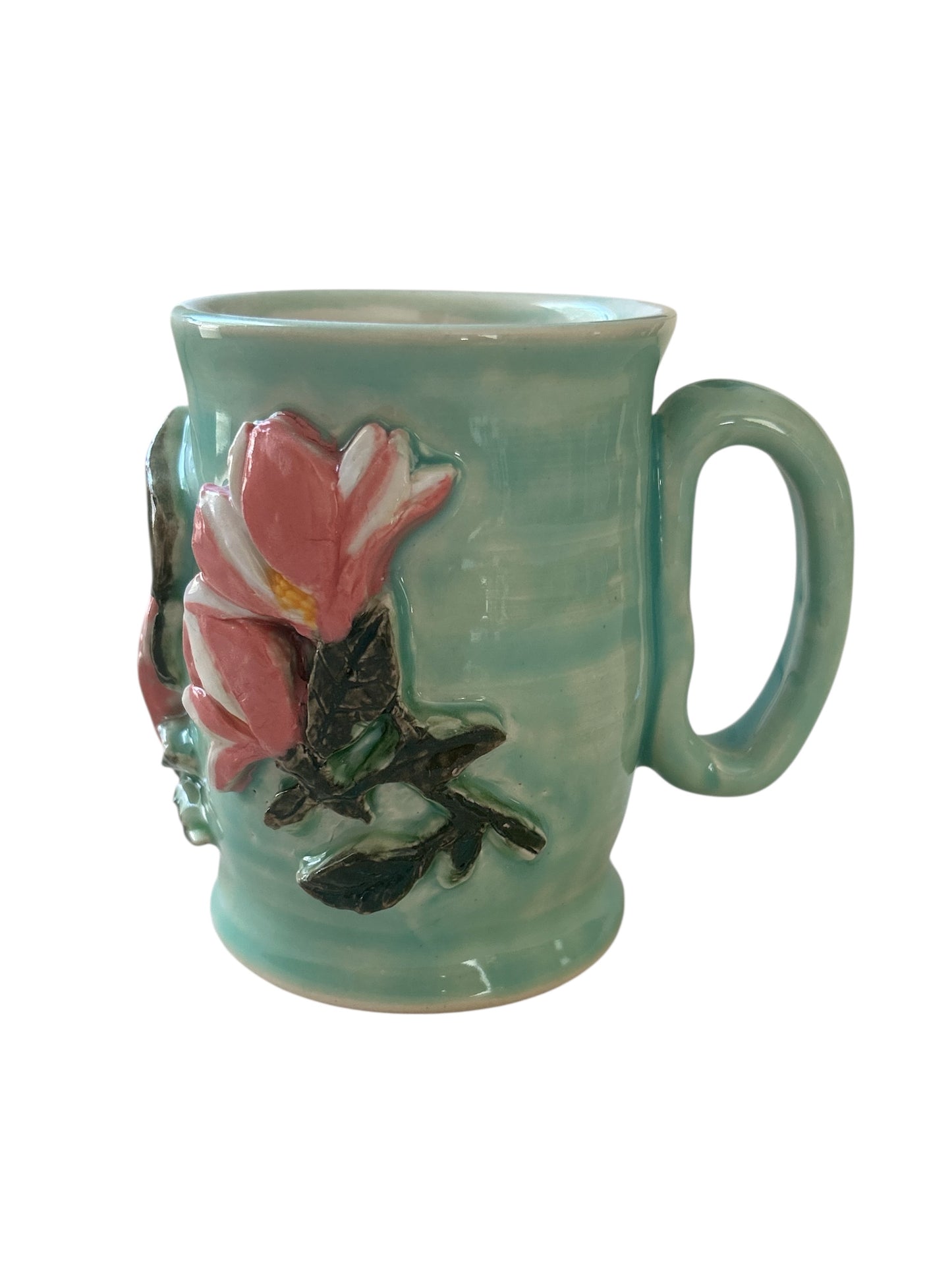 Sprigged Mug #28 with Pink Magnolias on Succulent Green Background