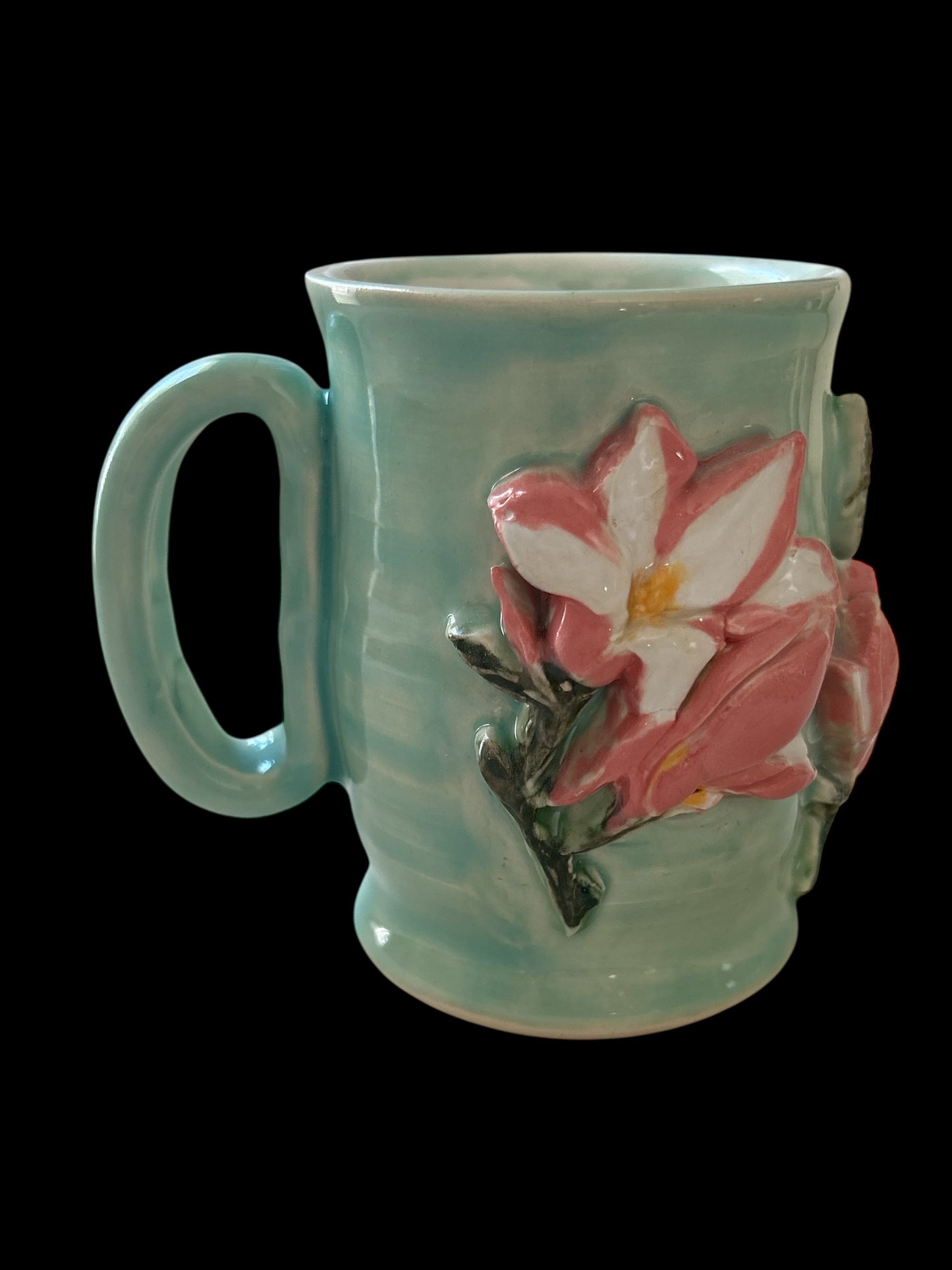 Sprigged Mug #28 with Pink Magnolias on Succulent Green Background