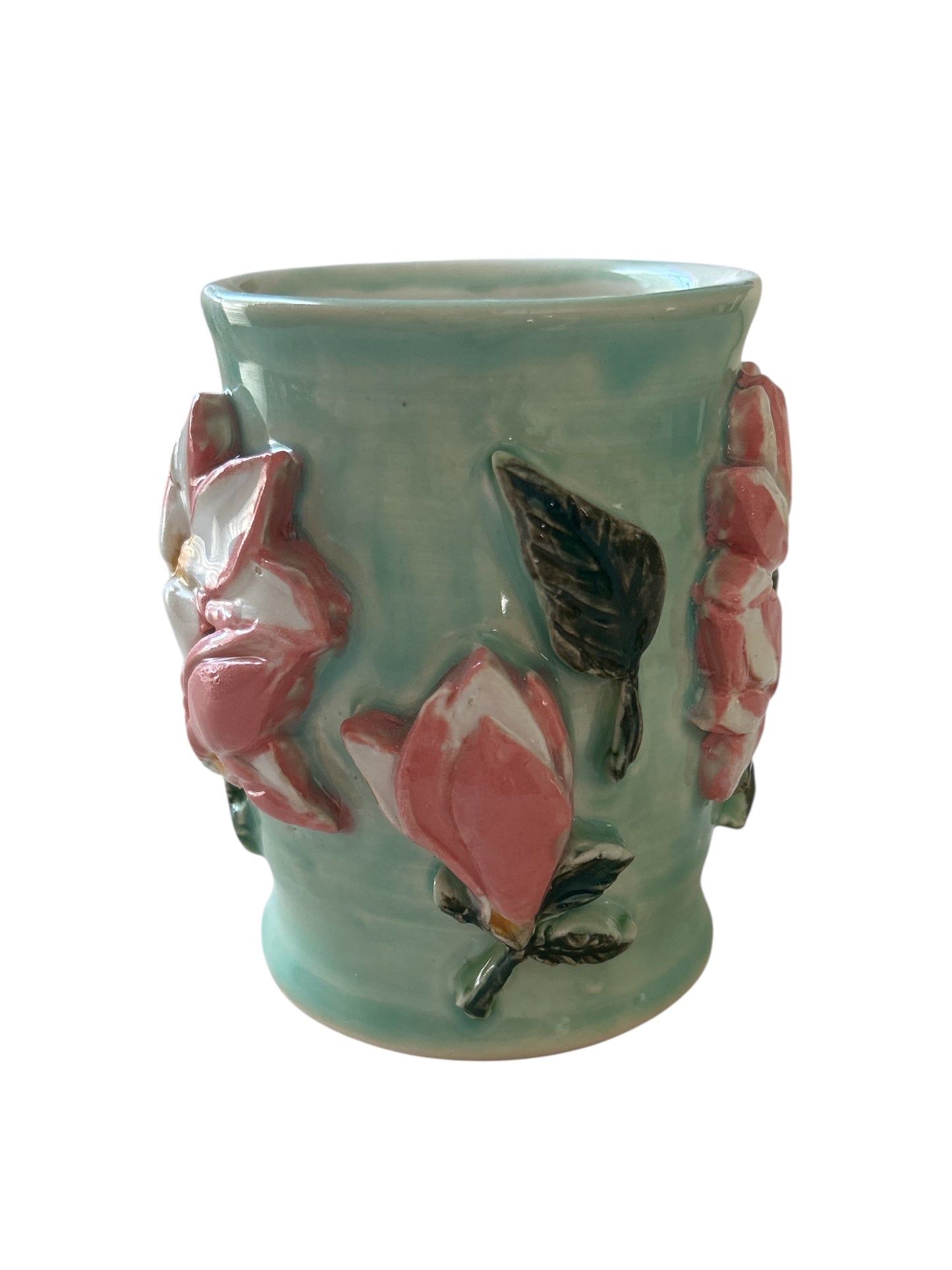 Sprigged Mug #28 with Pink Magnolias on Succulent Green Background