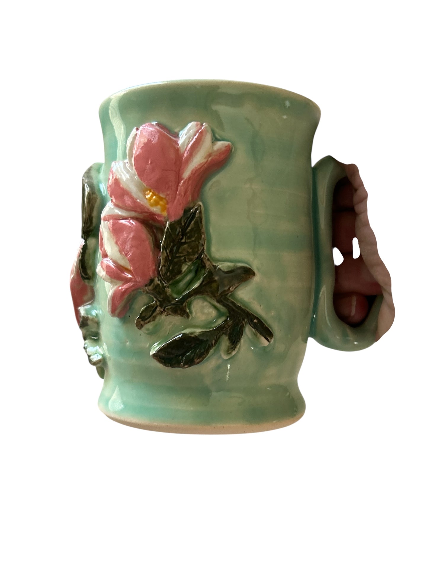 Sprigged Mug #28 with Pink Magnolias on Succulent Green Background