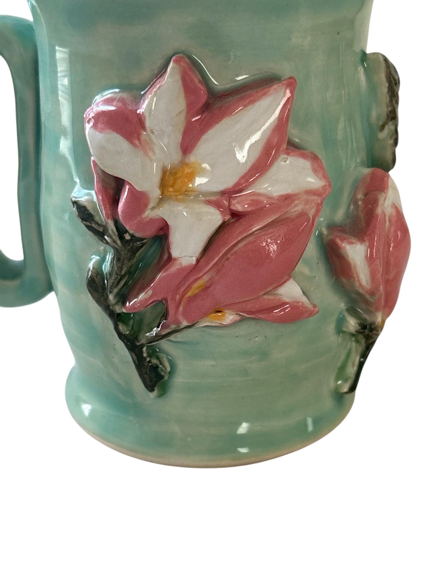 Sprigged Mug #28 with Pink Magnolias on Succulent Green Background