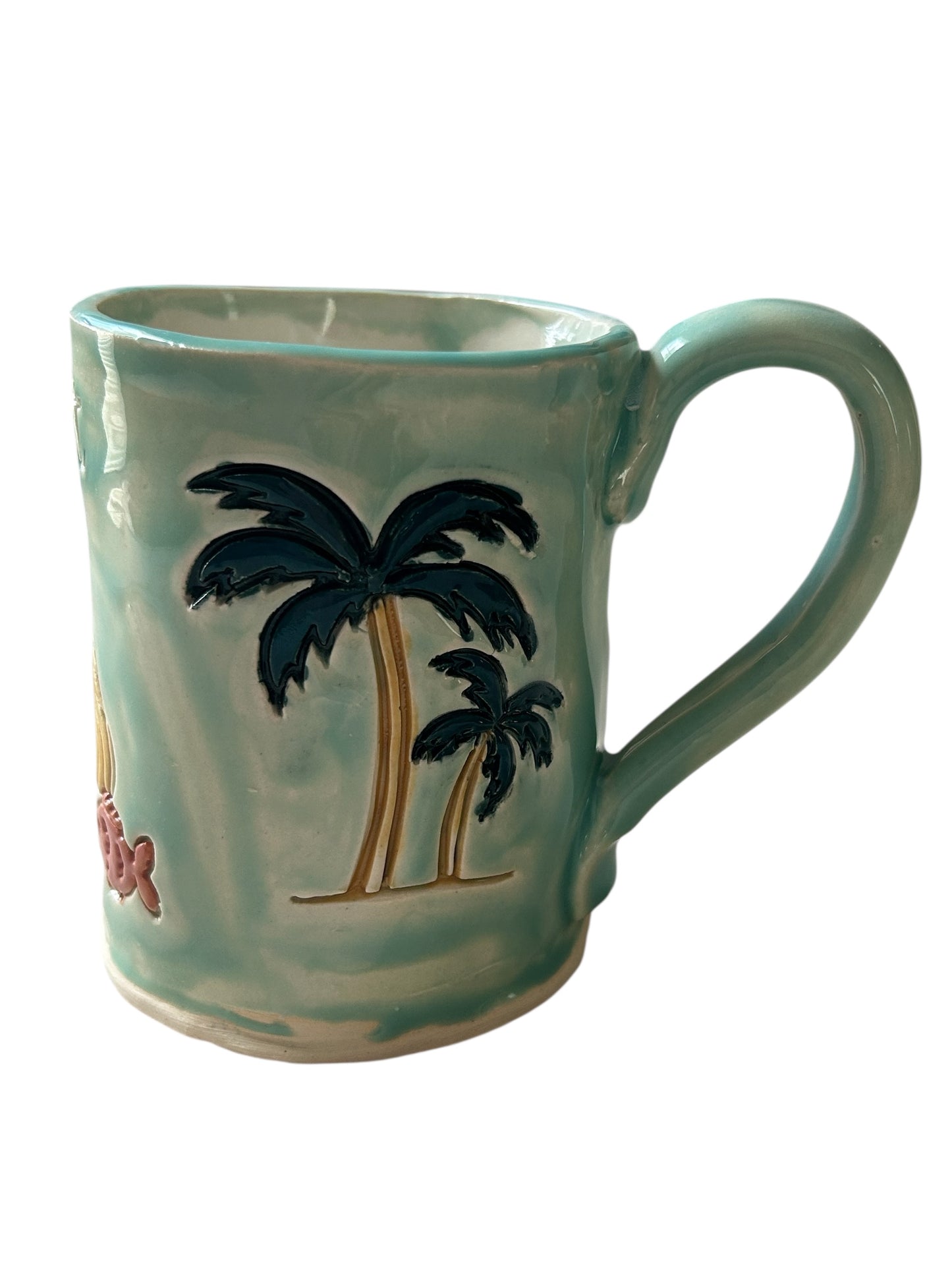Handbuilt Mug #11 with Stamped Shine Bright Mermaid, Palm Trees, and Lighthouse