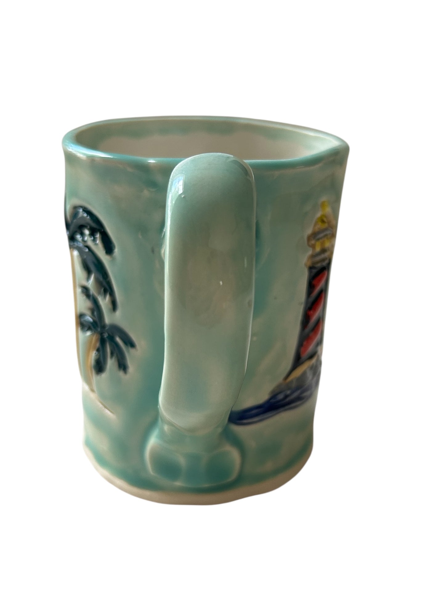 Handbuilt Mug #11 with Stamped Shine Bright Mermaid, Palm Trees, and Lighthouse