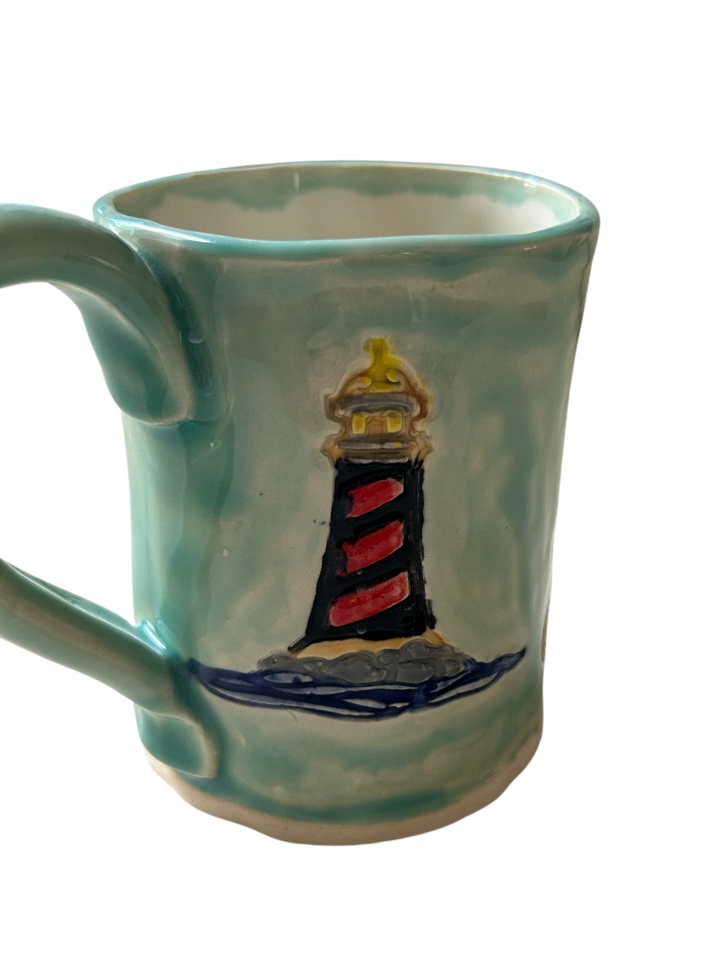 Handbuilt Mug #11 with Stamped Shine Bright Mermaid, Palm Trees, and Lighthouse