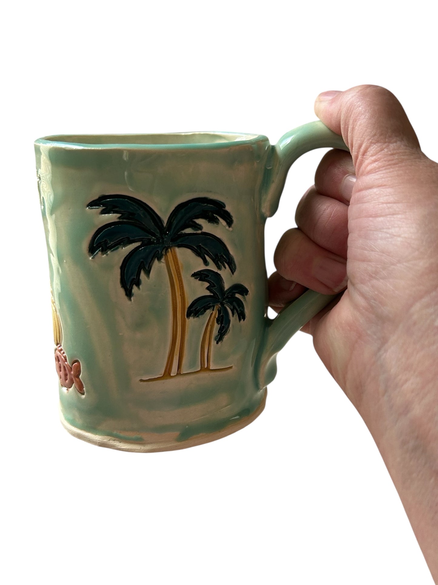 Handbuilt Mug #11 with Stamped Shine Bright Mermaid, Palm Trees, and Lighthouse