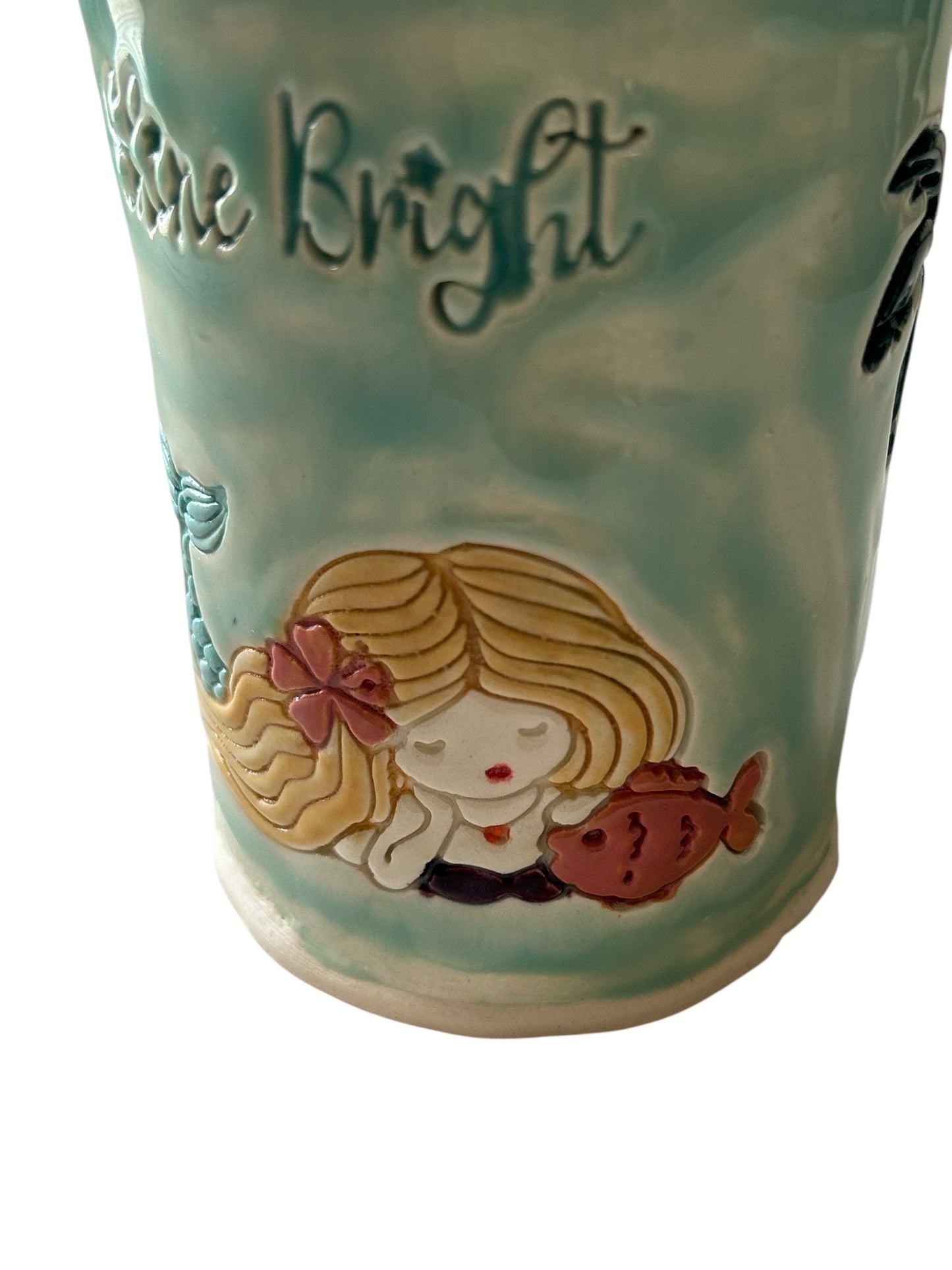 Handbuilt Mug #11 with Stamped Shine Bright Mermaid, Palm Trees, and Lighthouse