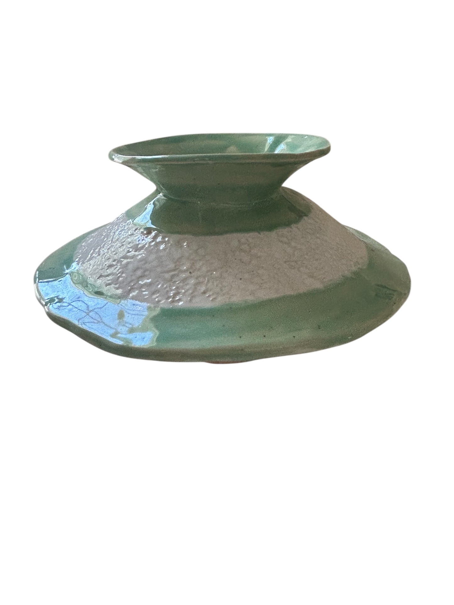 Handbuilt Slab Pottery "UFO" Upside Down Centerpiece Vase with Colorblocking in White and Lime Green