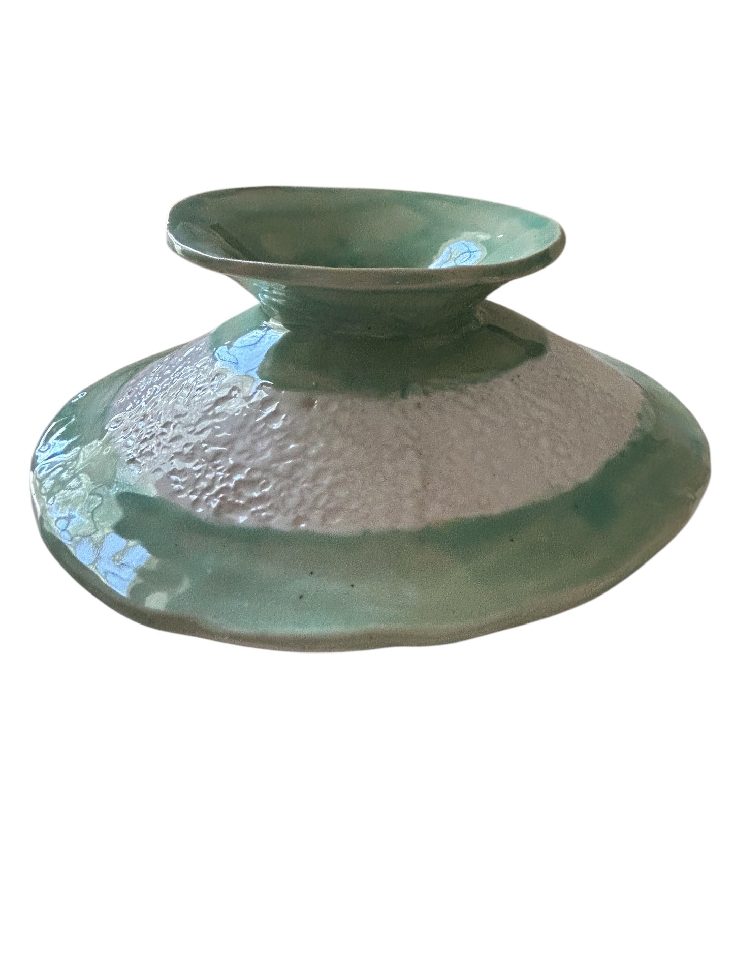Handbuilt Slab Pottery "UFO" Upside Down Centerpiece Vase with Colorblocking in White and Lime Green