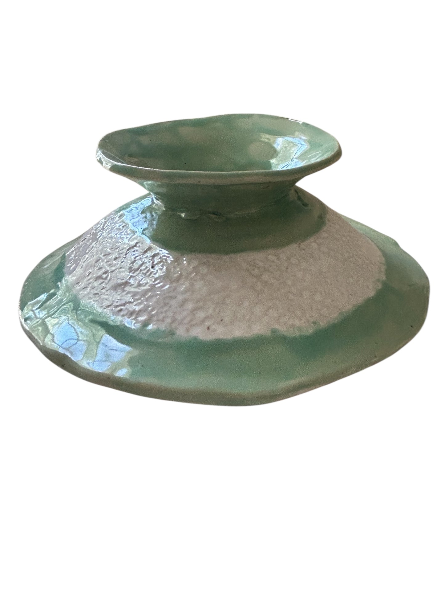 Handbuilt Slab Pottery "UFO" Upside Down Centerpiece Vase with Colorblocking in White and Lime Green
