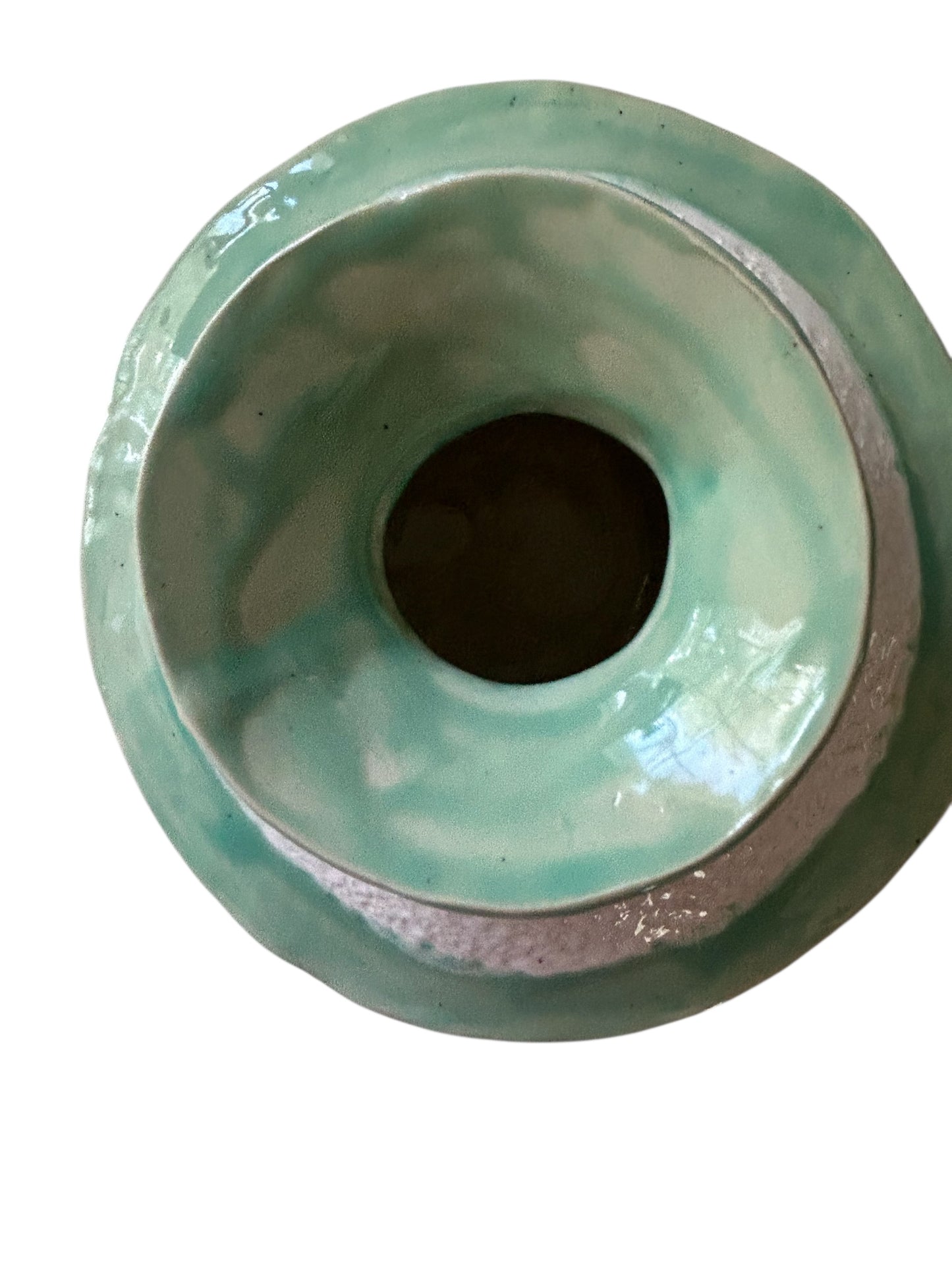 Handbuilt Slab Pottery "UFO" Upside Down Centerpiece Vase with Colorblocking in White and Lime Green