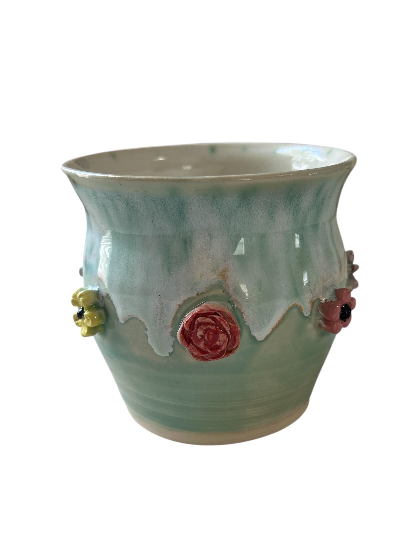 Small Planter #12 with Sprigged Flowers in Mint Green