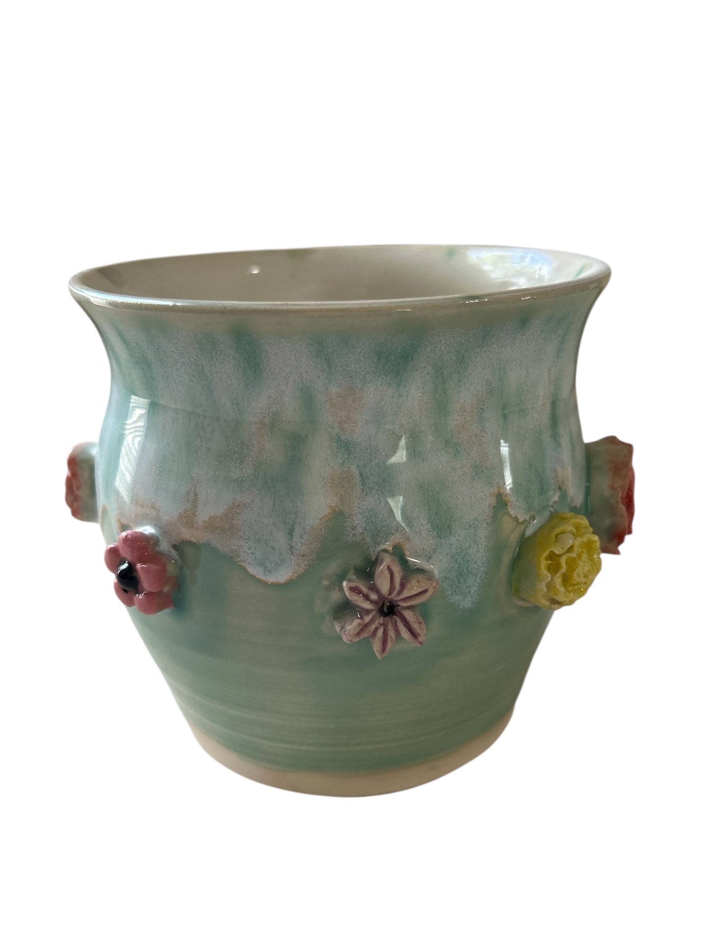 Small Planter #12 with Sprigged Flowers in Mint Green