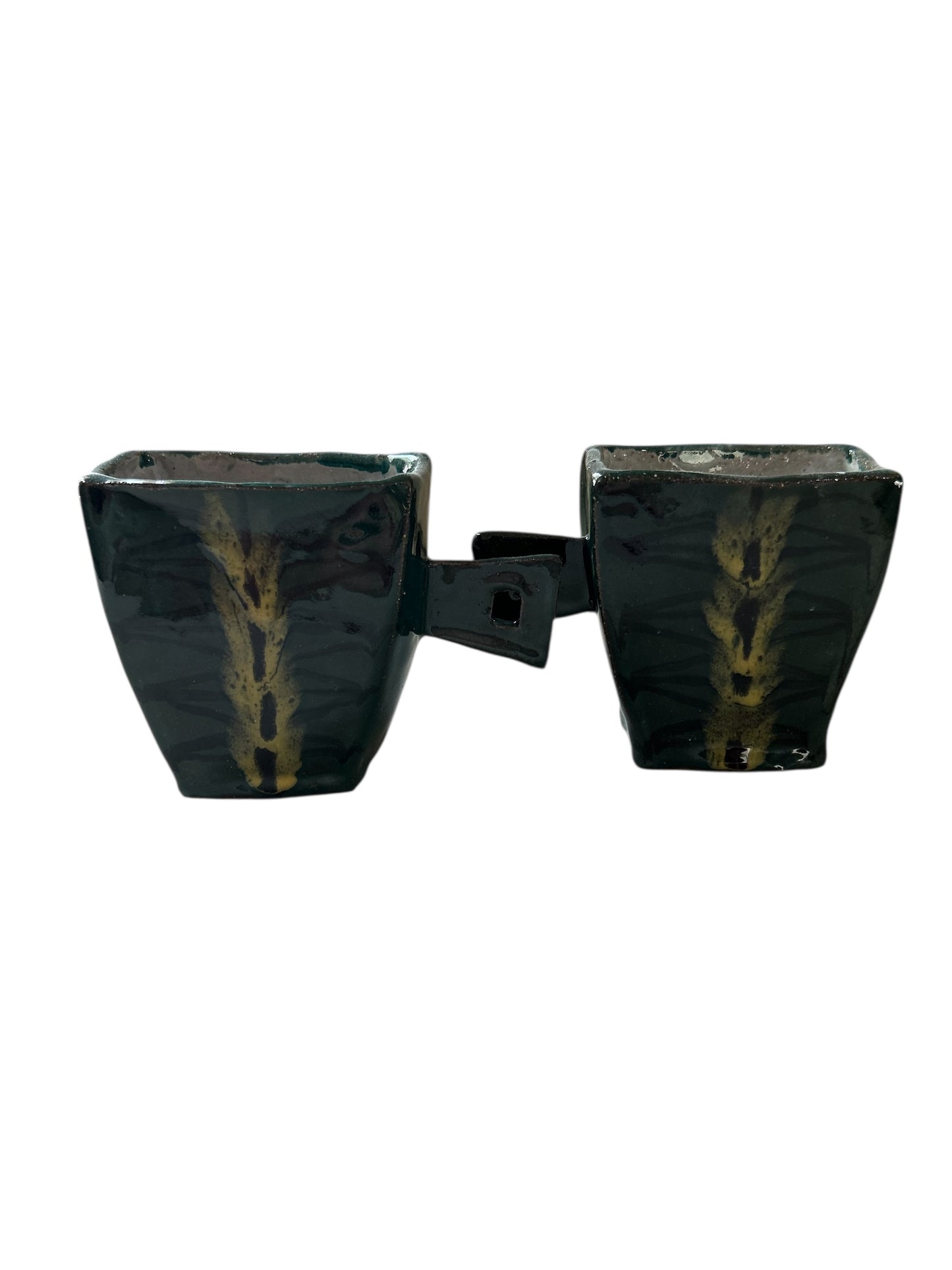 Handbuilt Teapot and Squared Tea Mugs Set #60 with Handpainted Peacock Feathers in Teal Green