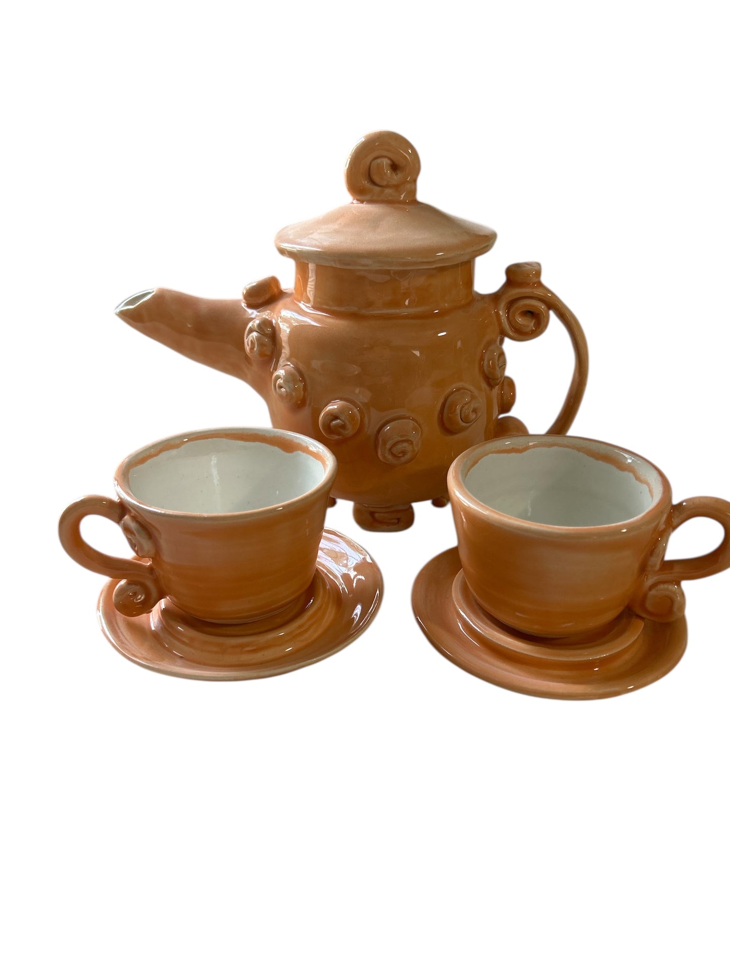 Set of Whimsical Teapot and Tea Cups with Saucers #6 in Tangerine Orange