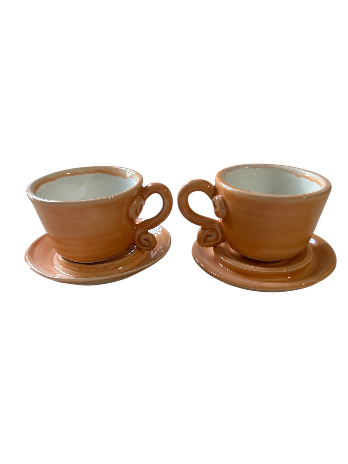 Set of Whimsical Teapot and Tea Cups with Saucers #6 in Tangerine Orange