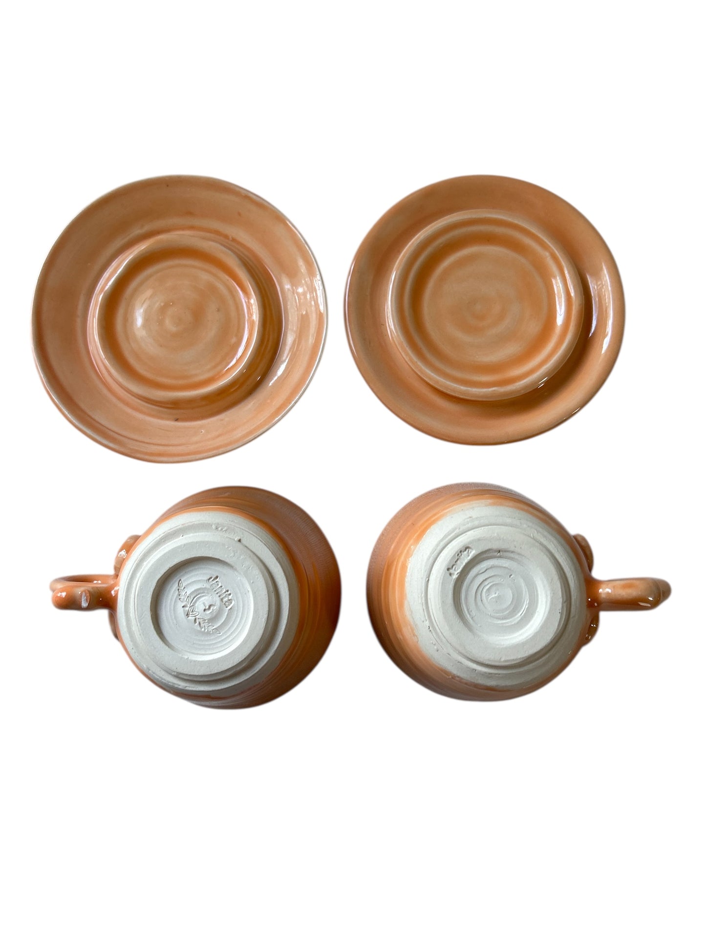 Set of Whimsical Teapot and Tea Cups with Saucers #6 in Tangerine Orange