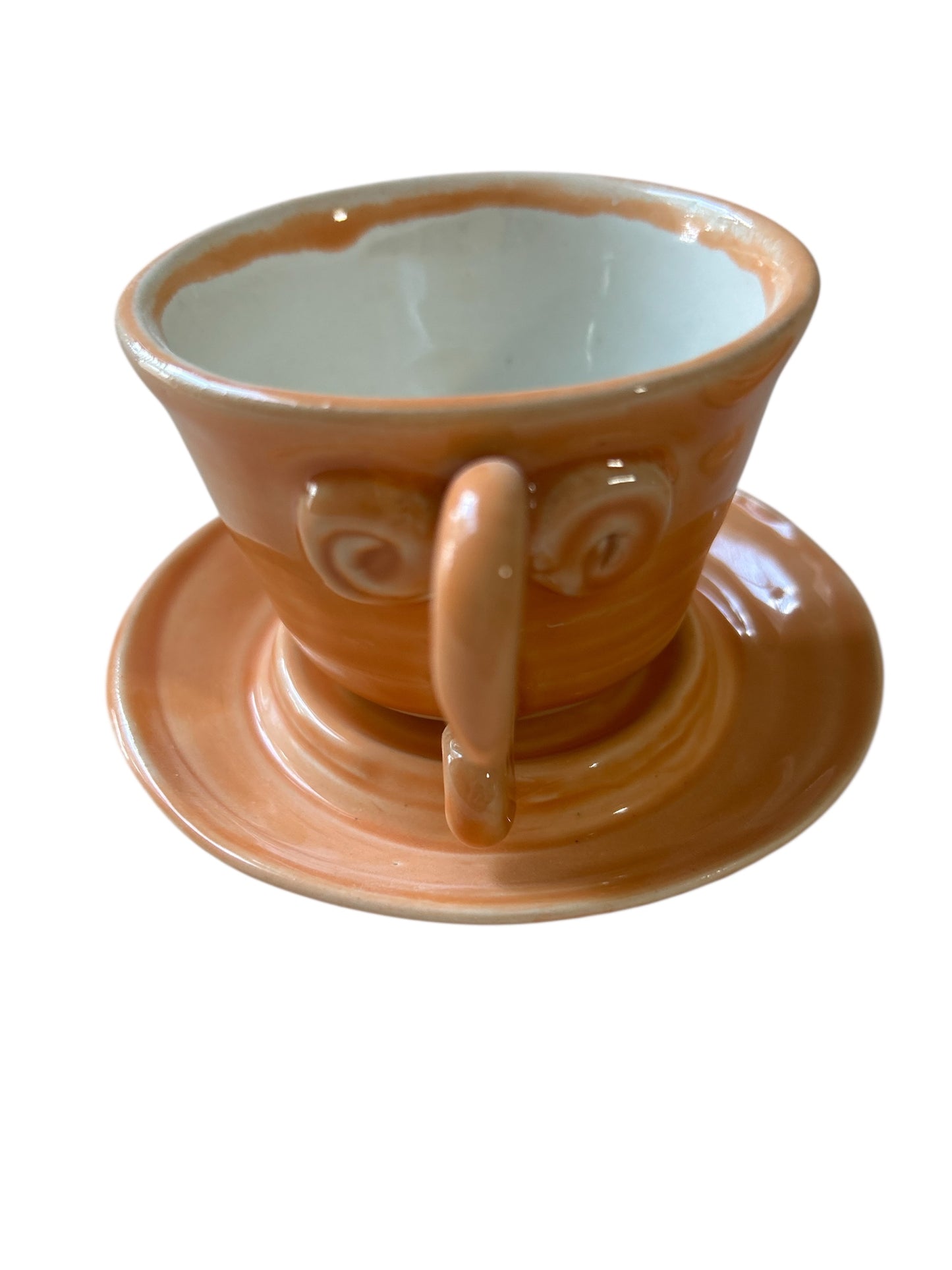Set of Whimsical Teapot and Tea Cups with Saucers #6 in Tangerine Orange