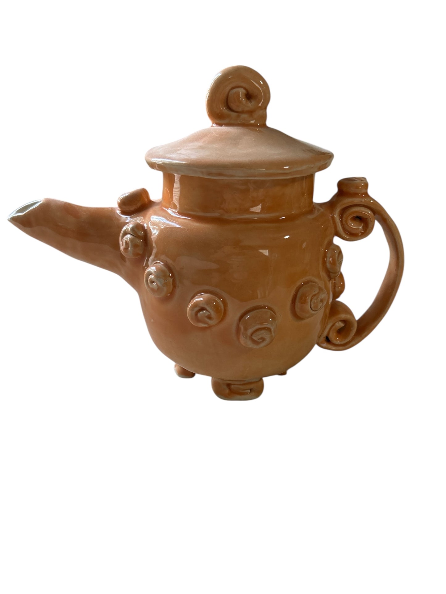 Set of Whimsical Teapot and Tea Cups with Saucers #6 in Tangerine Orange