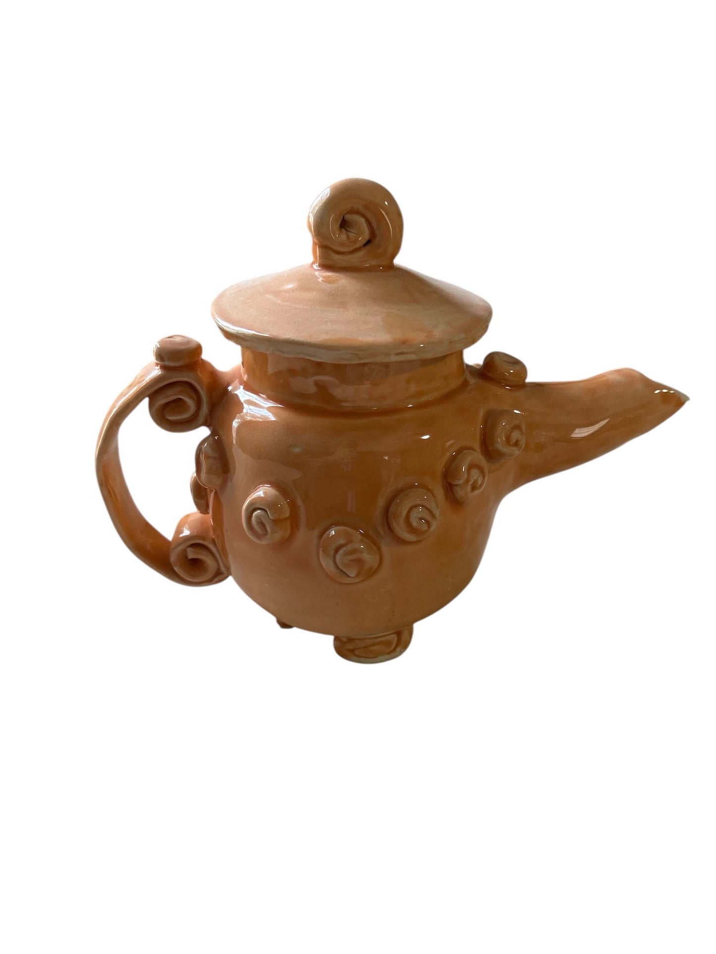 Set of Whimsical Teapot and Tea Cups with Saucers #6 in Tangerine Orange