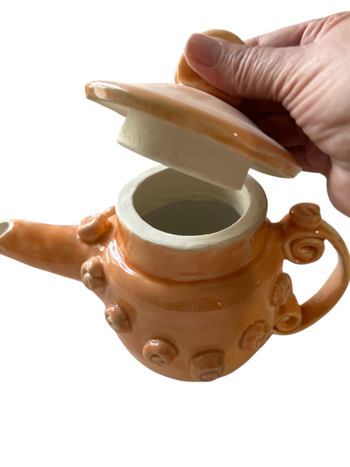 Set of Whimsical Teapot and Tea Cups with Saucers #6 in Tangerine Orange