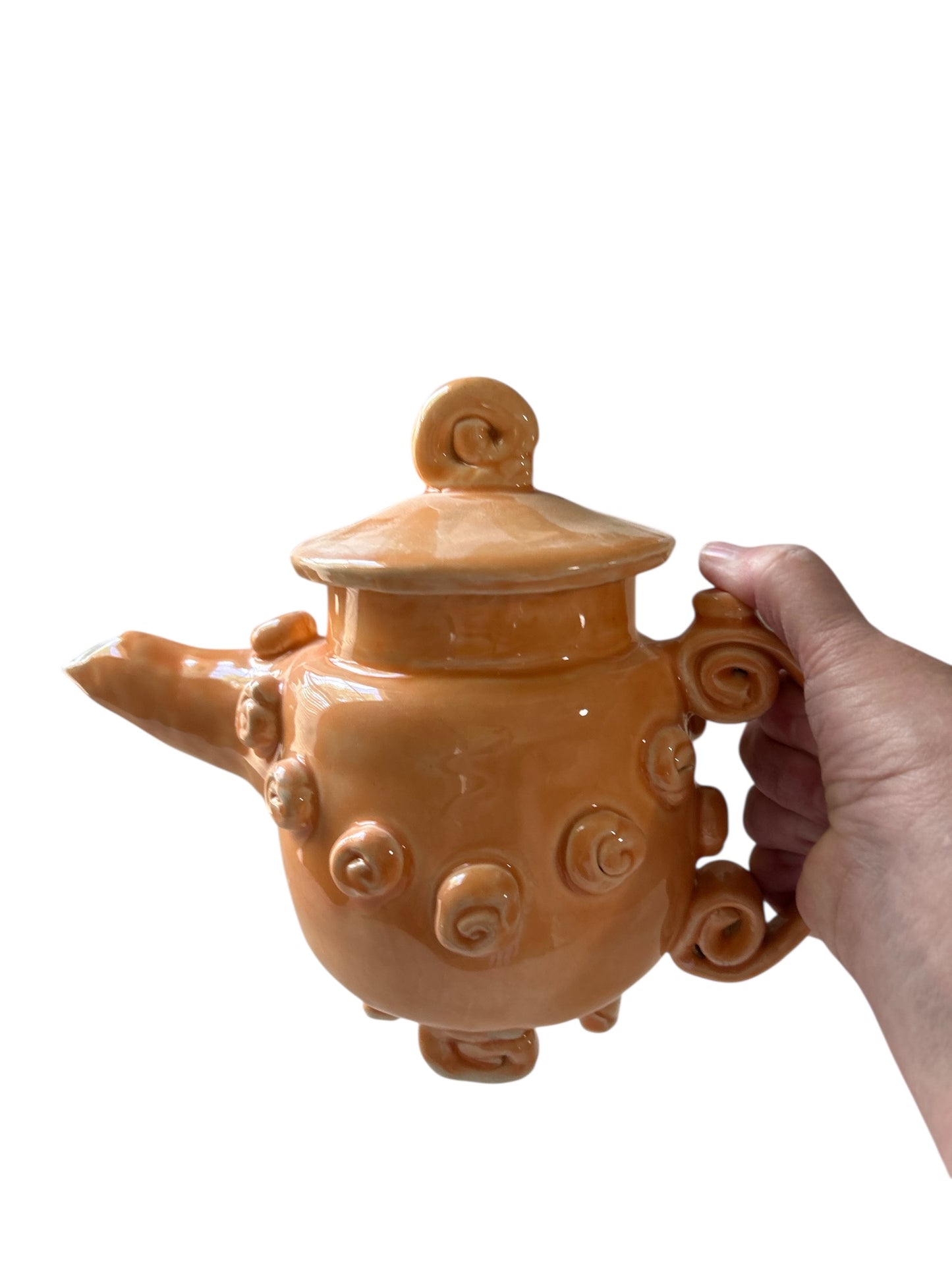 Set of Whimsical Teapot and Tea Cups with Saucers #6 in Tangerine Orange