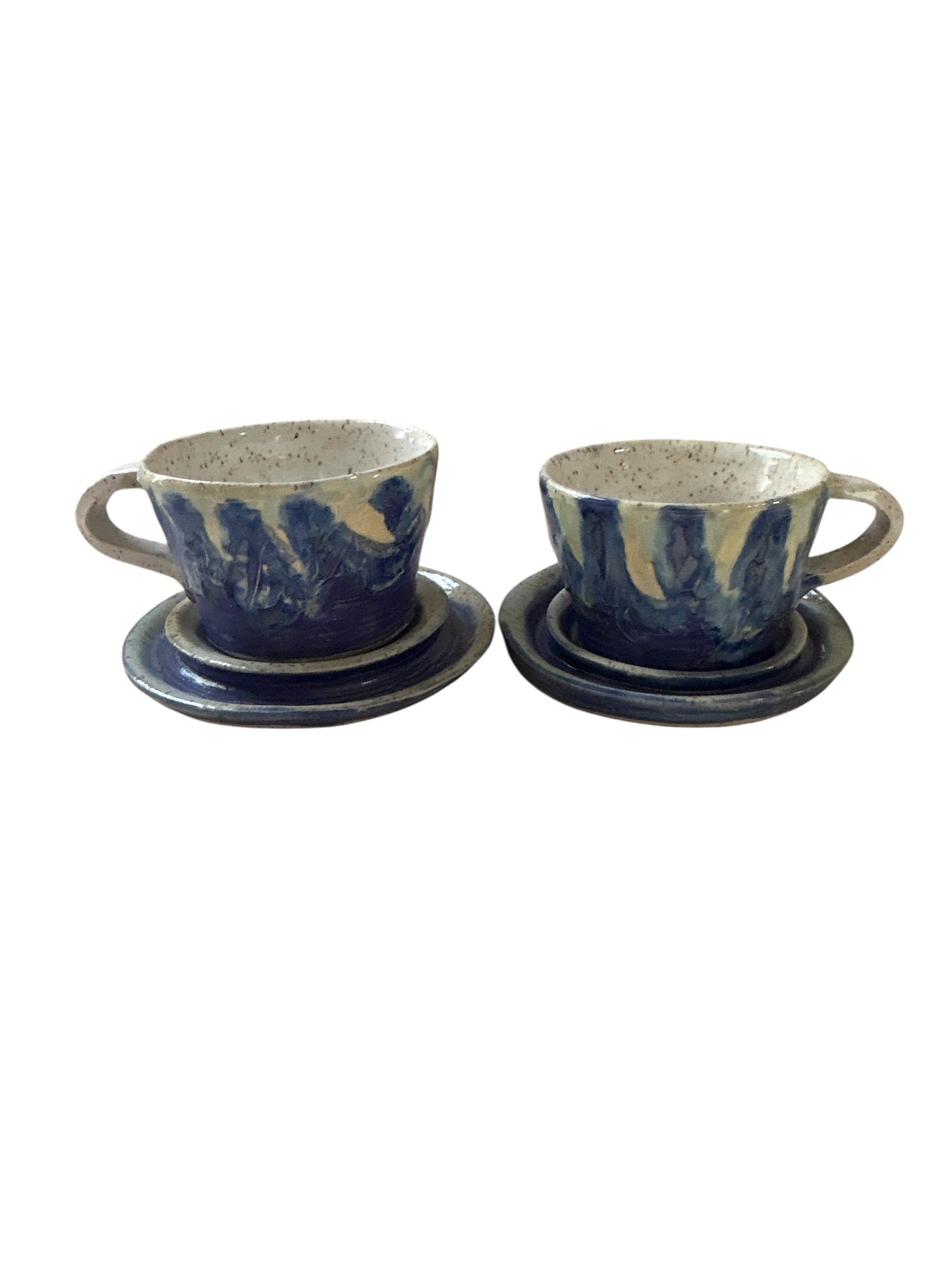 Wheel-Thrown Icing Tea Cups and Saucers #86 in Aspen Blue and Snowy White