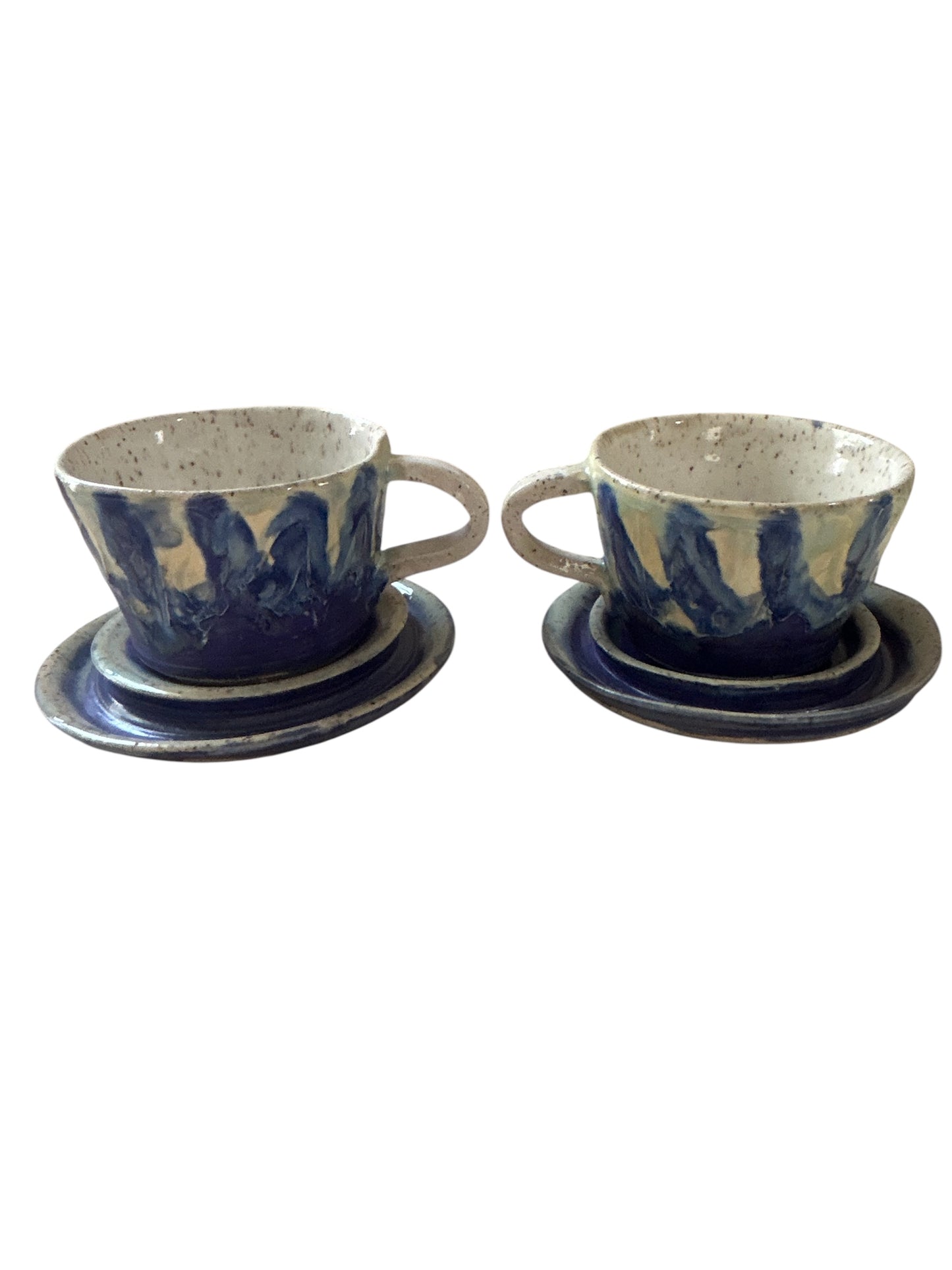 Wheel-Thrown Icing Tea Cups and Saucers #86 in Aspen Blue and Snowy White