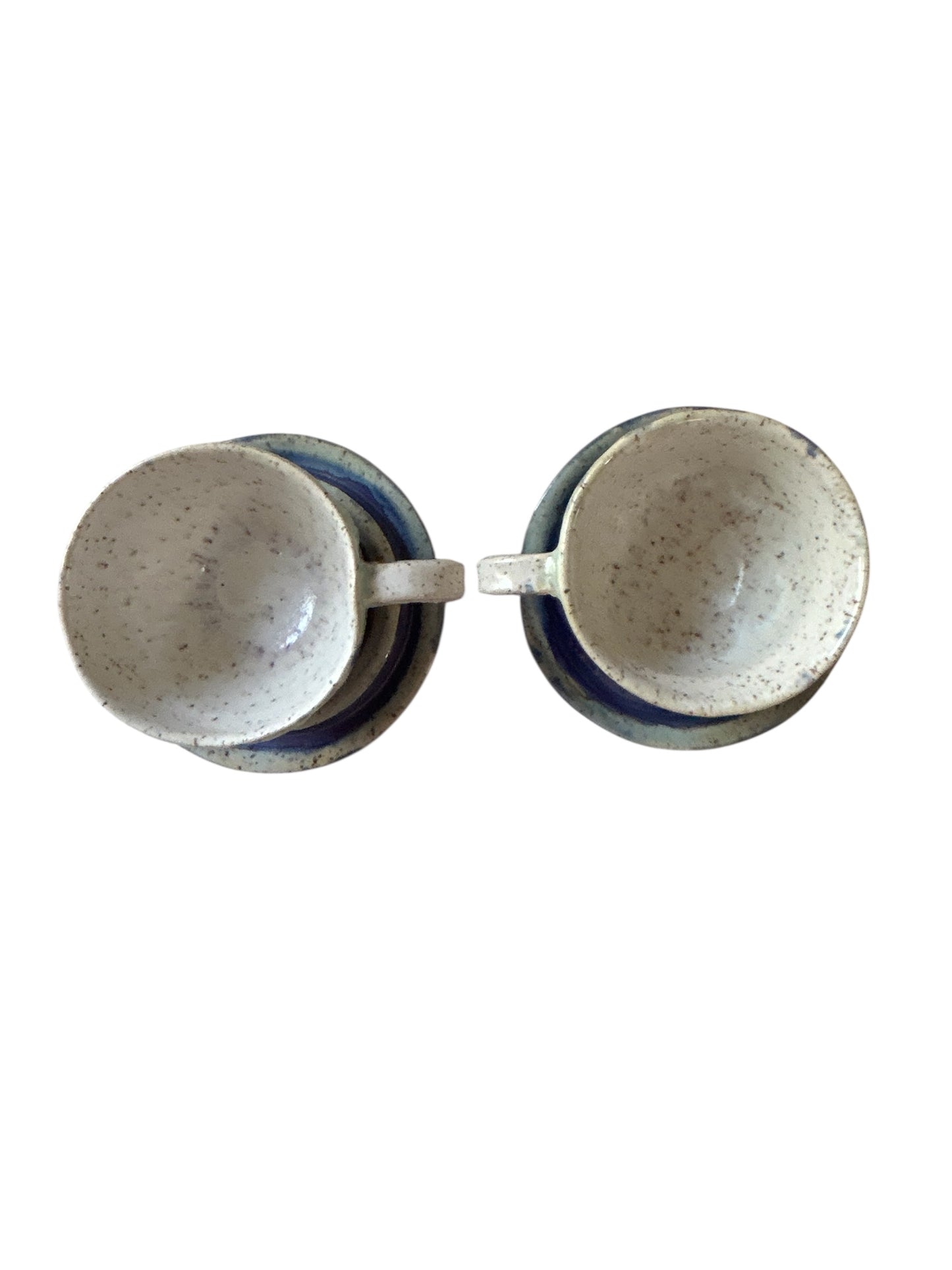 Wheel-Thrown Icing Tea Cups and Saucers #86 in Aspen Blue and Snowy White