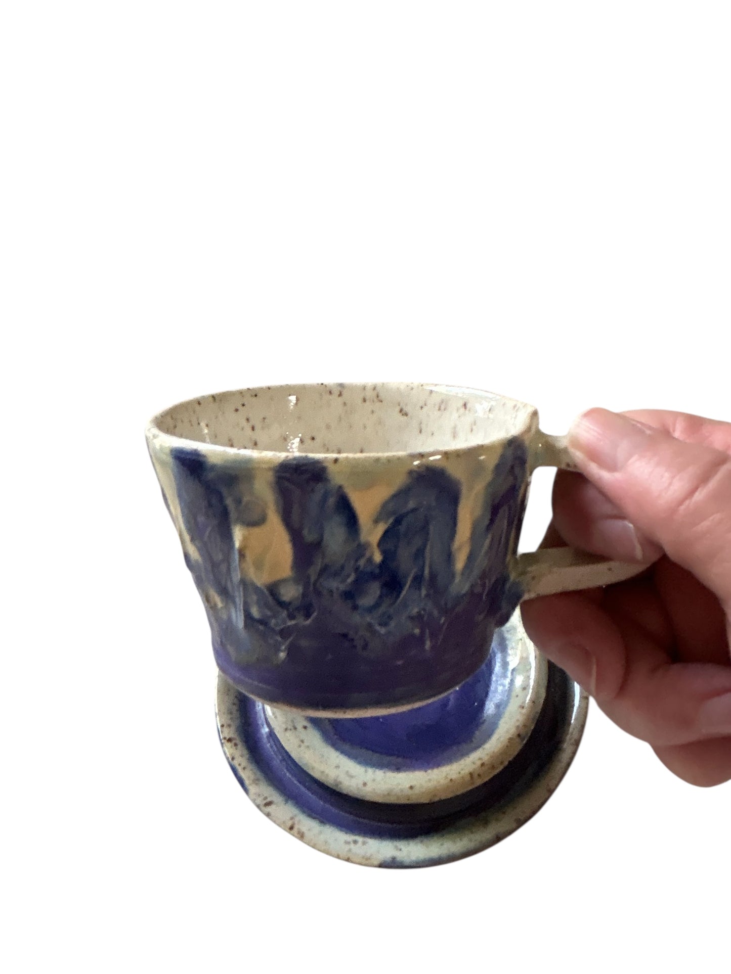 Wheel-Thrown Icing Tea Cups and Saucers #86 in Aspen Blue and Snowy White
