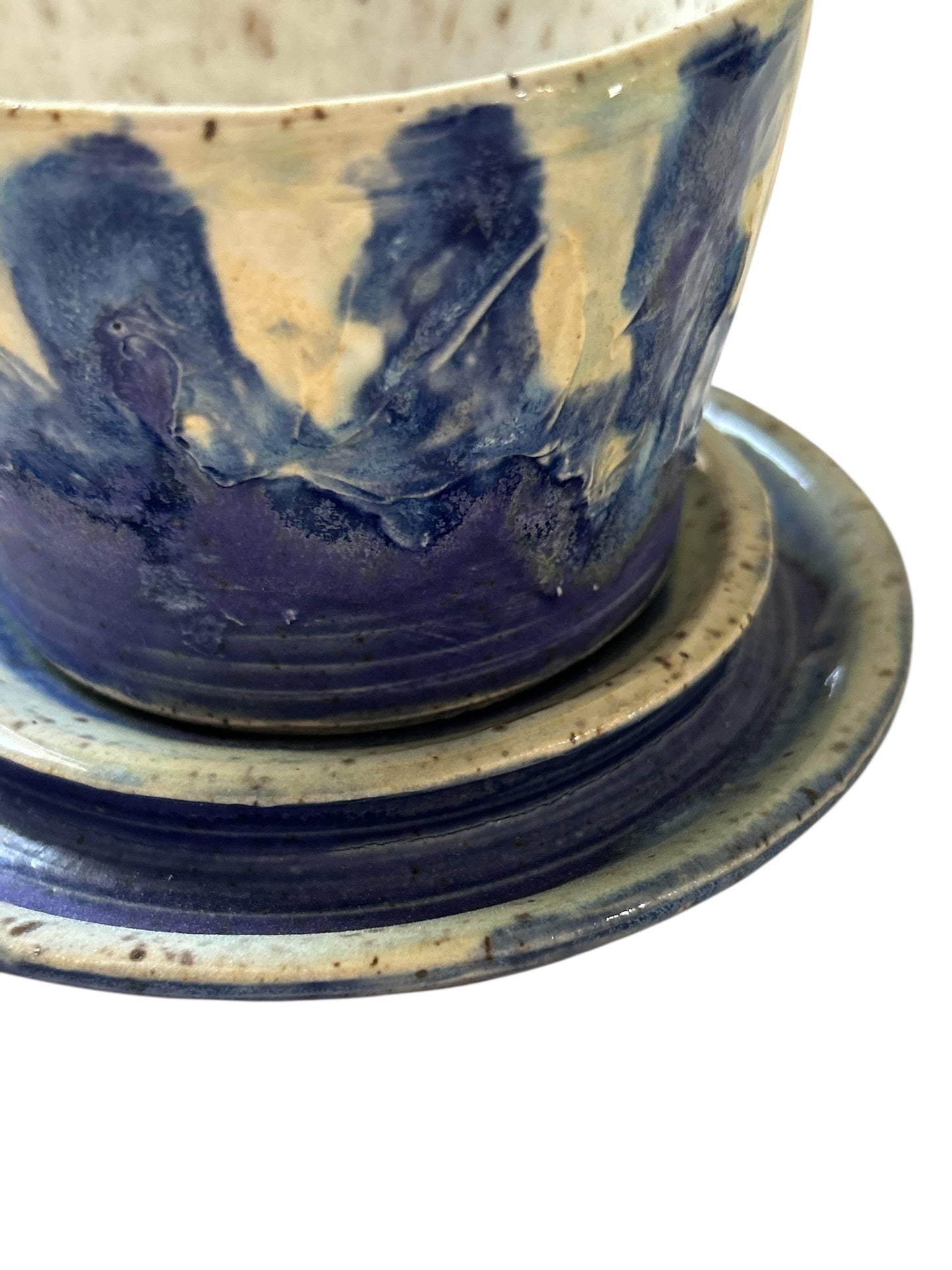 Wheel-Thrown Icing Tea Cups and Saucers #86 in Aspen Blue and Snowy White