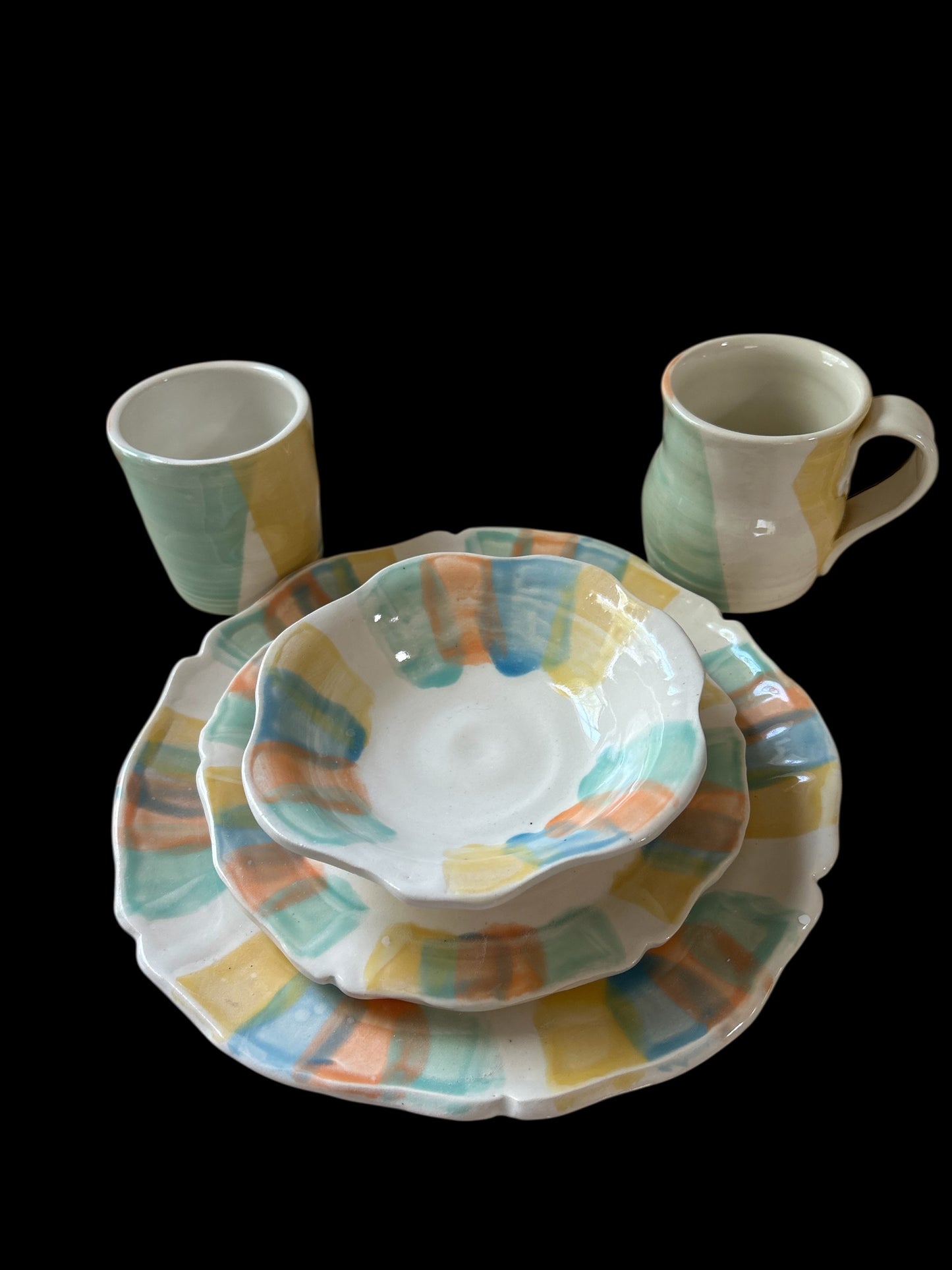 Complete Dinnerware Set for One #9 with Carved and Multicolor Rim