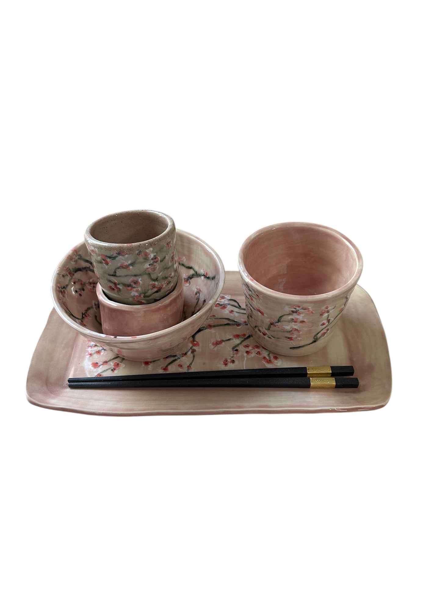 Complete Japanese-Style Dinnerware Set for One #41 with Cherry Blossom Designs