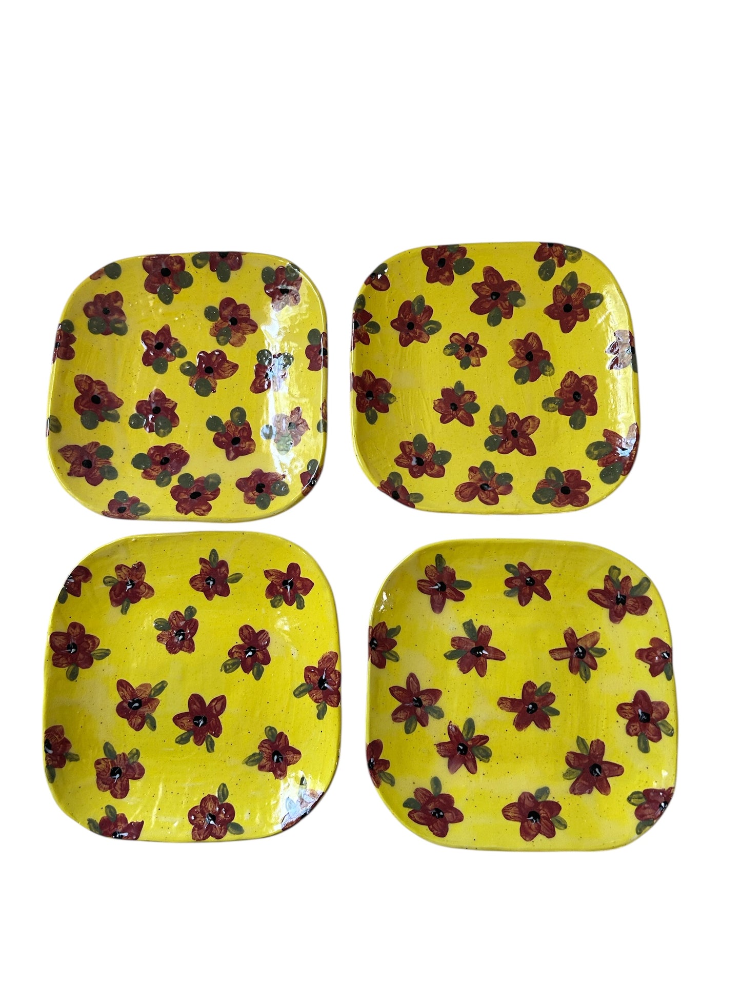 Set of Four Square Handbuilt Side Plates #43 with Handpainted Flower Designs