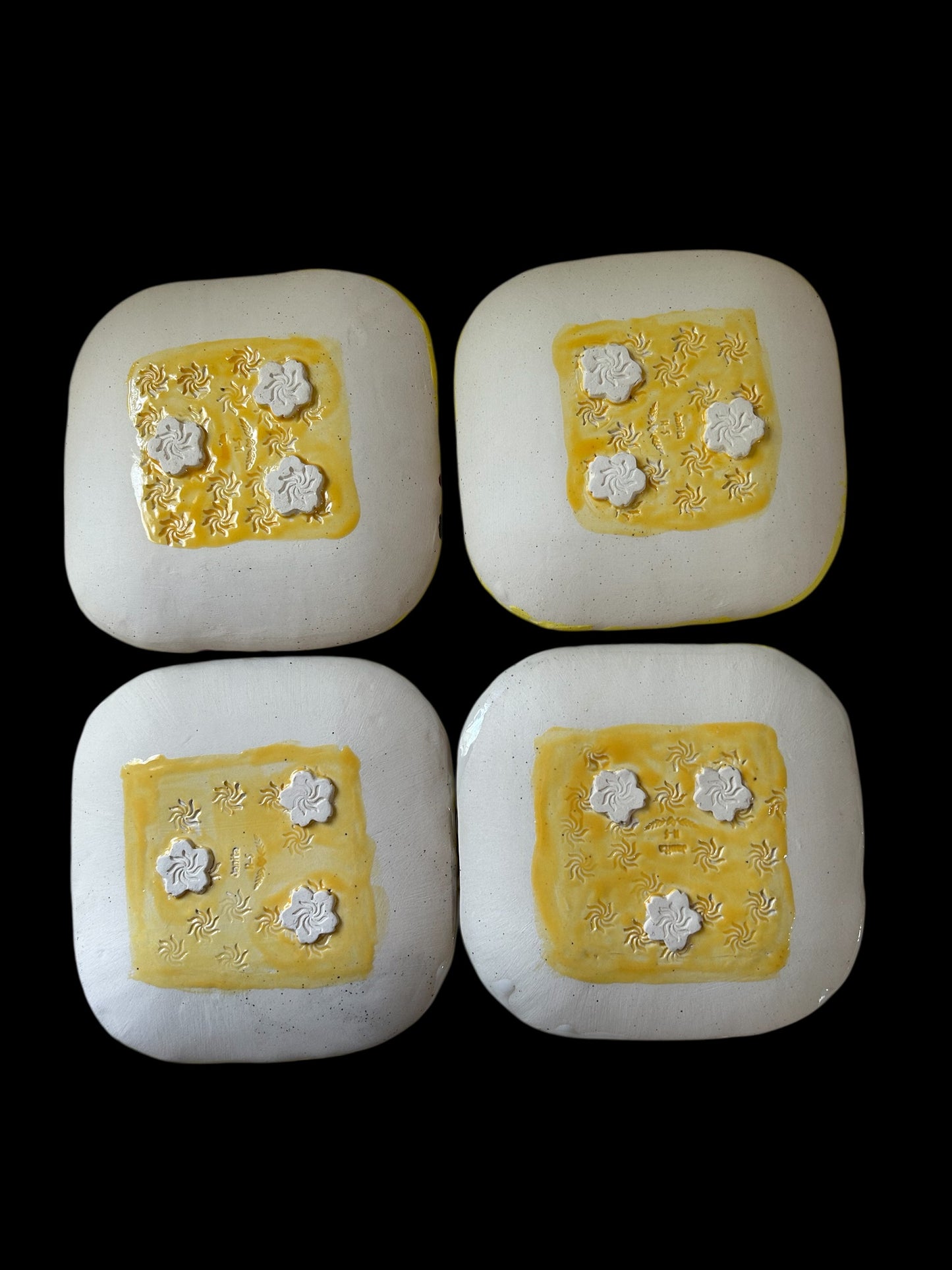 Set of Four Square Handbuilt Side Plates #43 with Handpainted Flower Designs