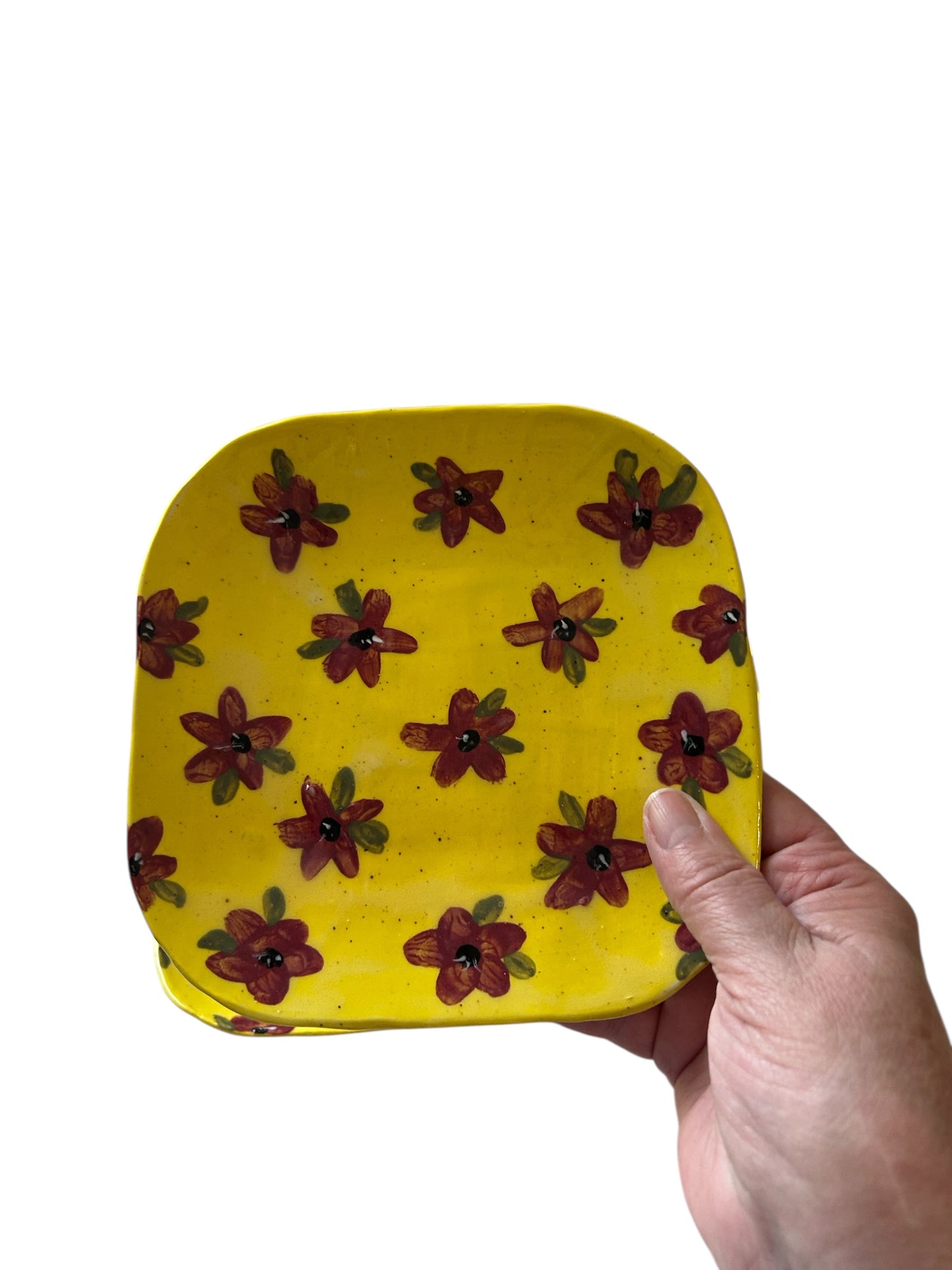 Set of Four Square Handbuilt Side Plates #43 with Handpainted Flower Designs