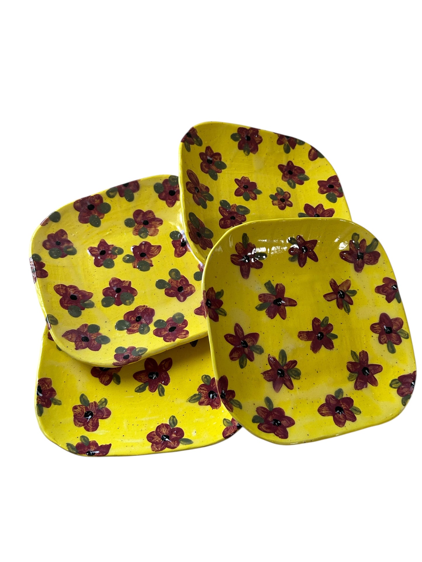 Set of Four Square Handbuilt Side Plates #43 with Handpainted Flower Designs