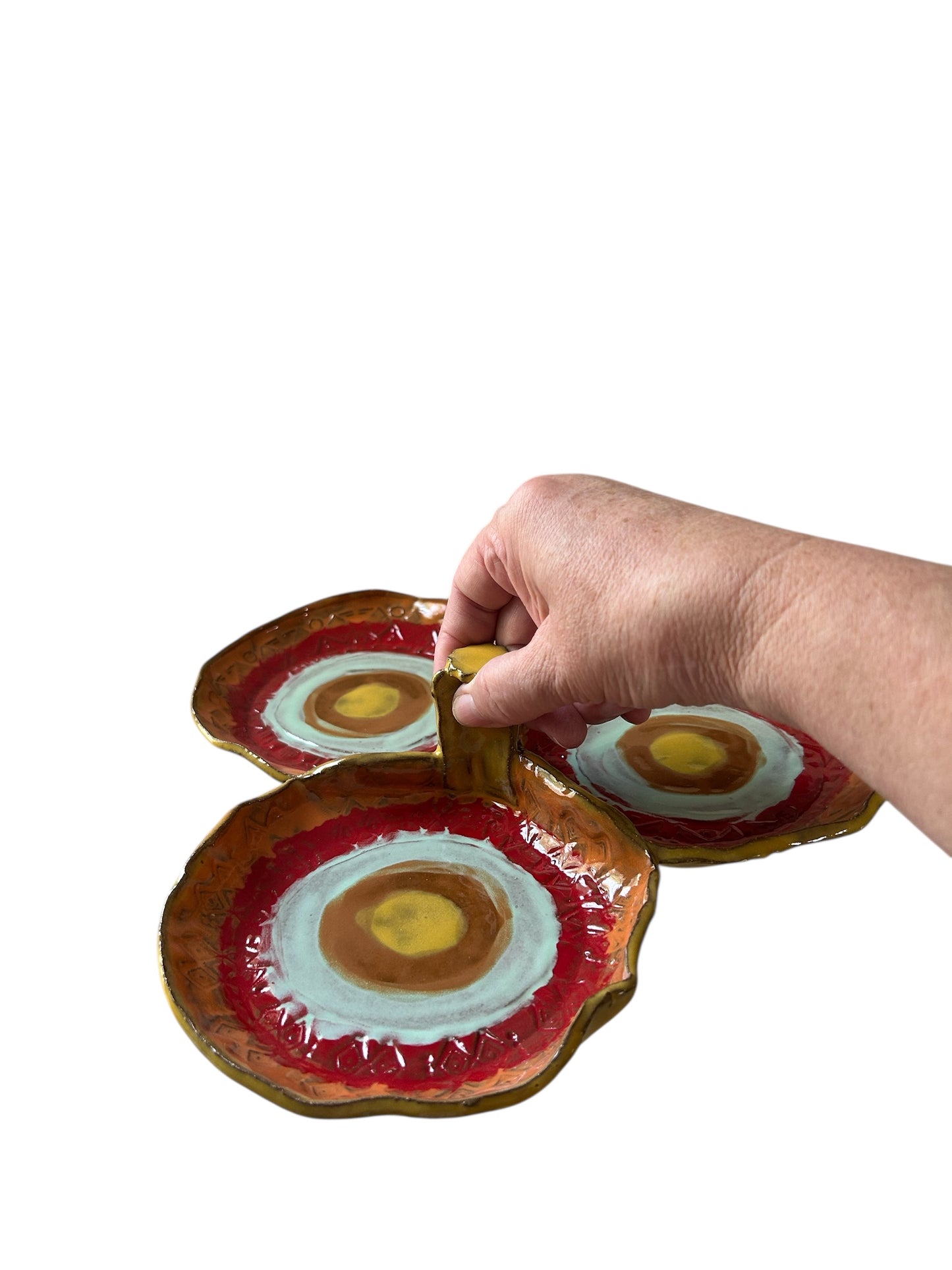 Handbuilt 3-Section Textured Condiment Tray #34 with Festive Southwestern Designs and Bold Colors