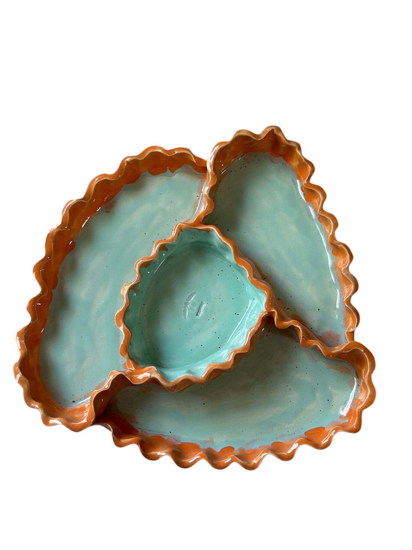 Handbuilt 4-Section Chip and Dip Platter #37 with Ruffled Edges in Turquoise and Orange