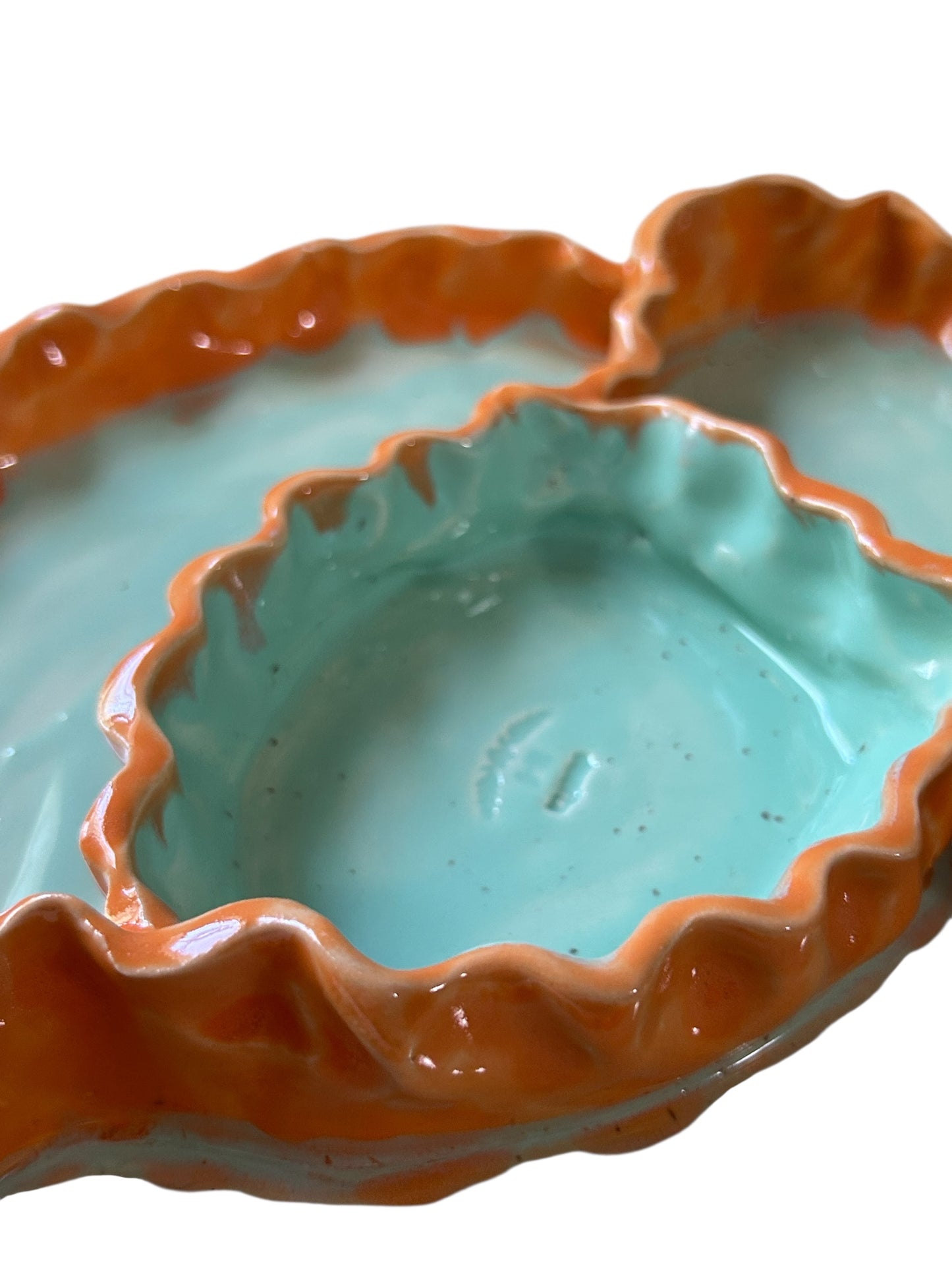 Handbuilt 4-Section Chip and Dip Platter #37 with Ruffled Edges in Turquoise and Orange
