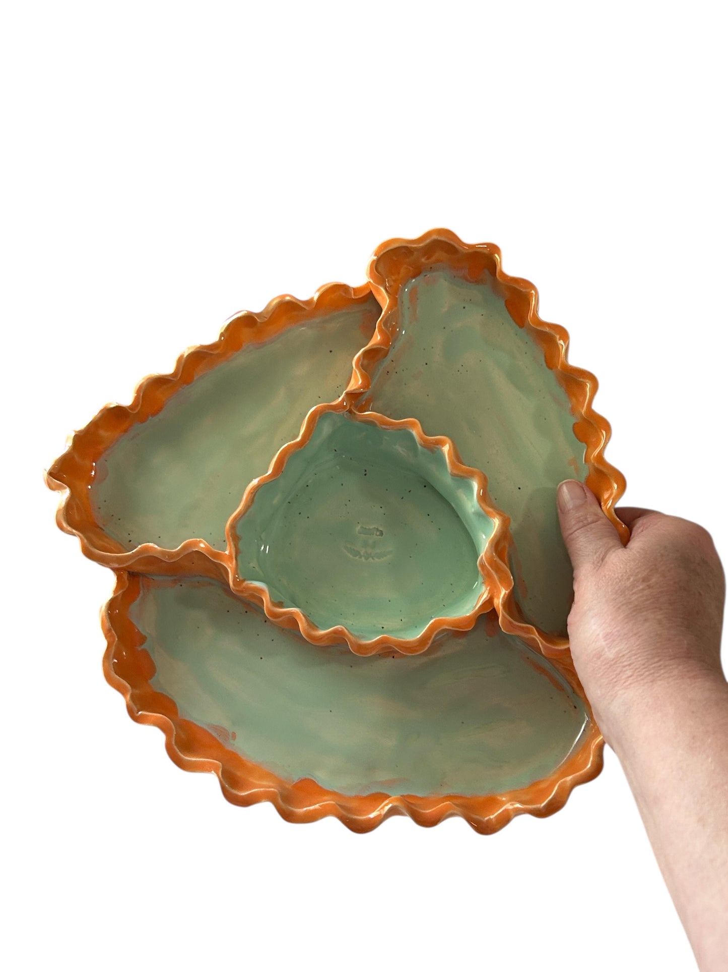 Handbuilt 4-Section Chip and Dip Platter #37 with Ruffled Edges in Turquoise and Orange