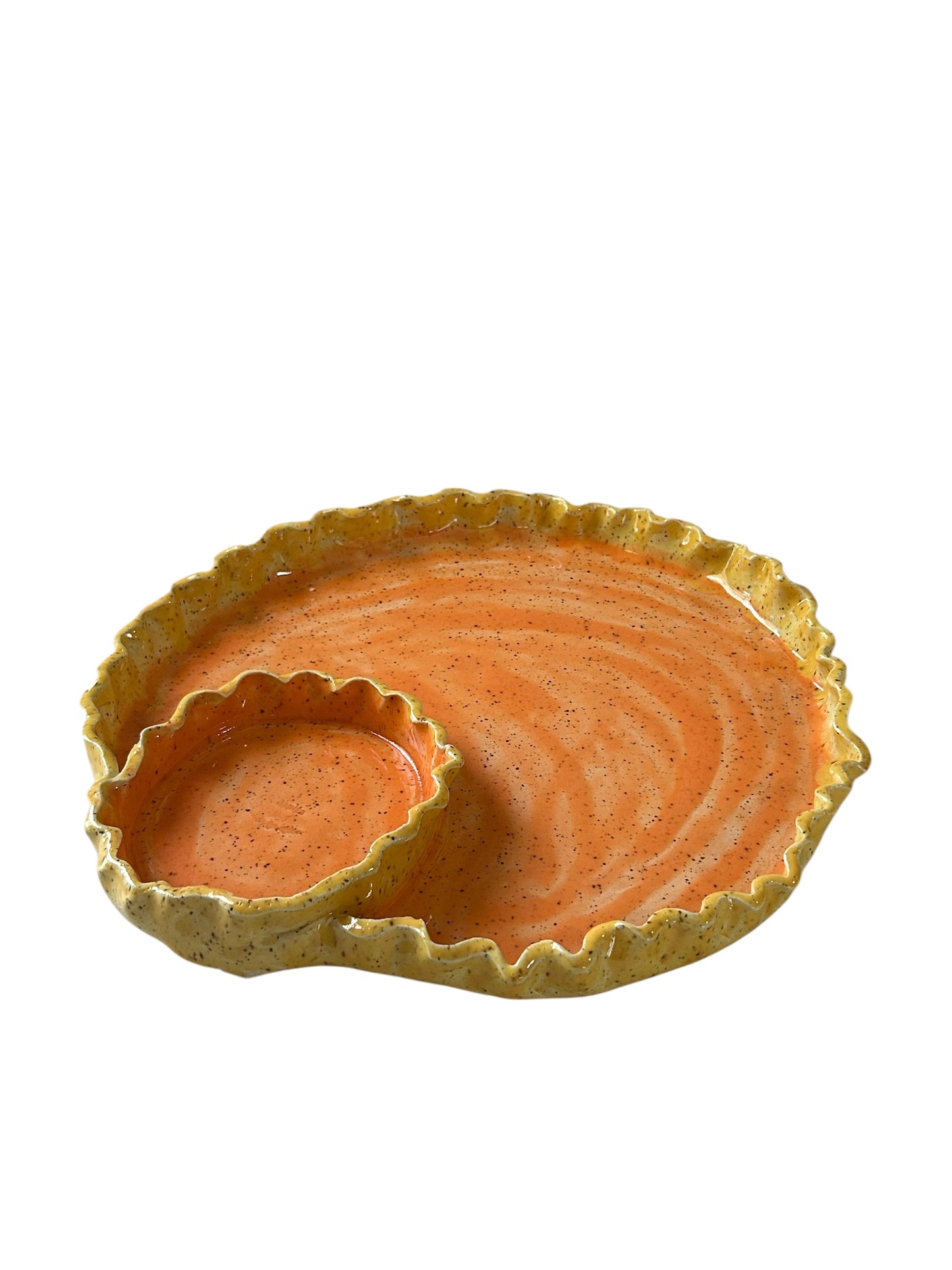 Handbuilt 2-Section Chip and Dip Platter #35 with Ruffled Edges in Orange and Yellow