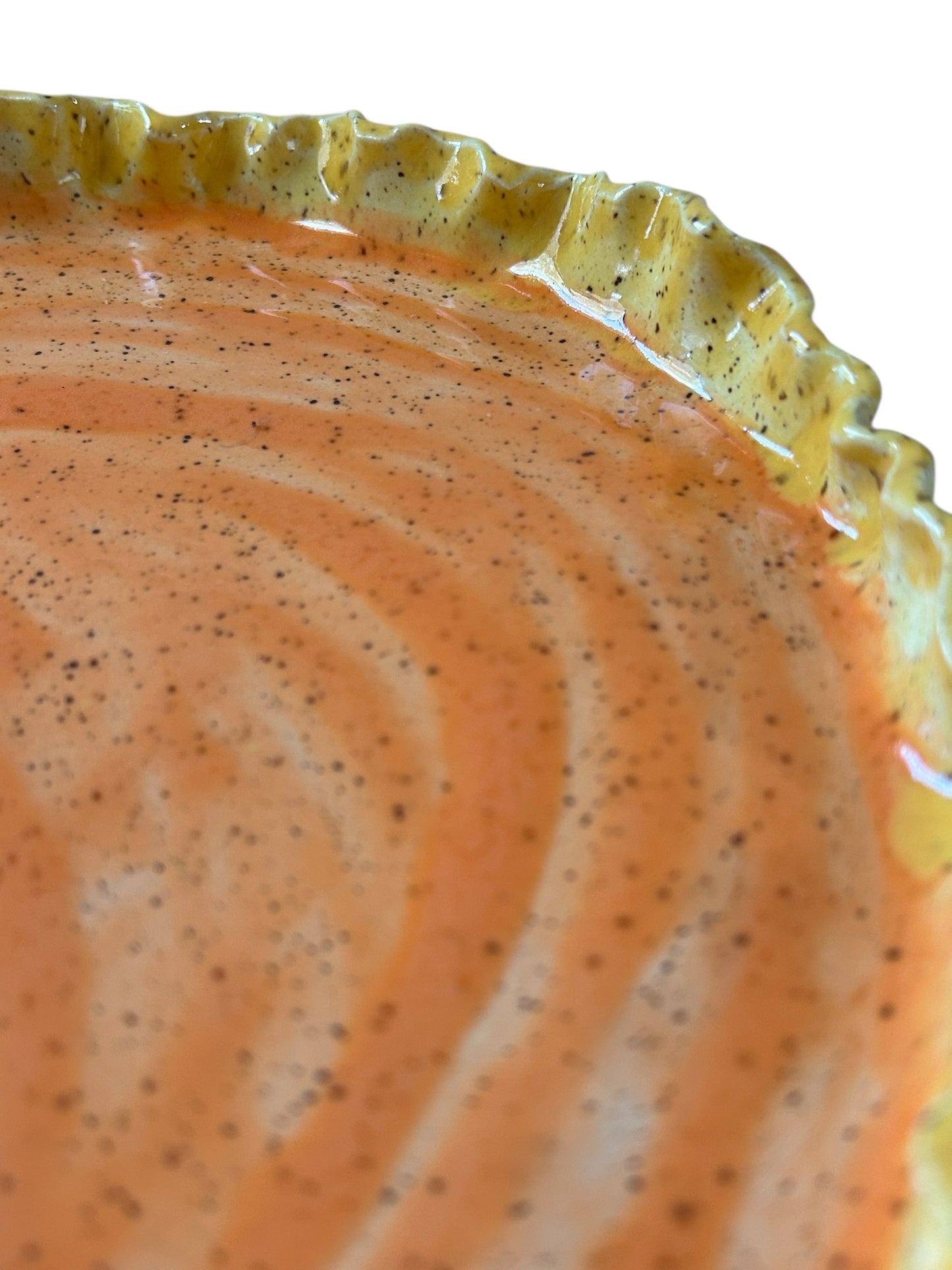 Handbuilt 2-Section Chip and Dip Platter #35 with Ruffled Edges in Orange and Yellow