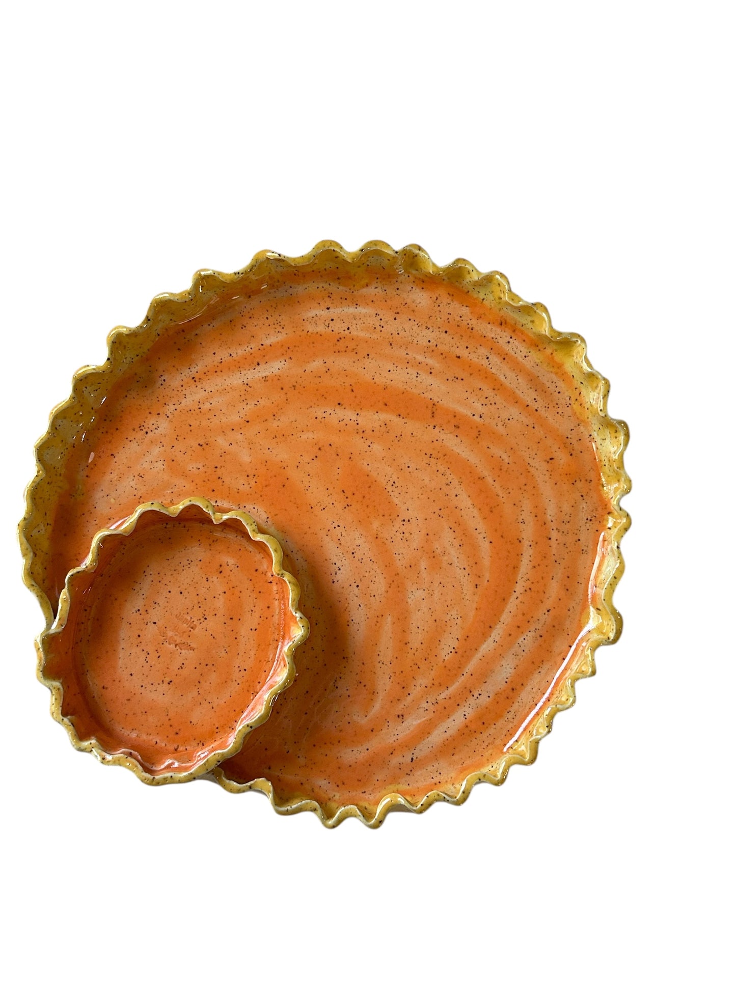 Handbuilt 2-Section Chip and Dip Platter #35 with Ruffled Edges in Orange and Yellow