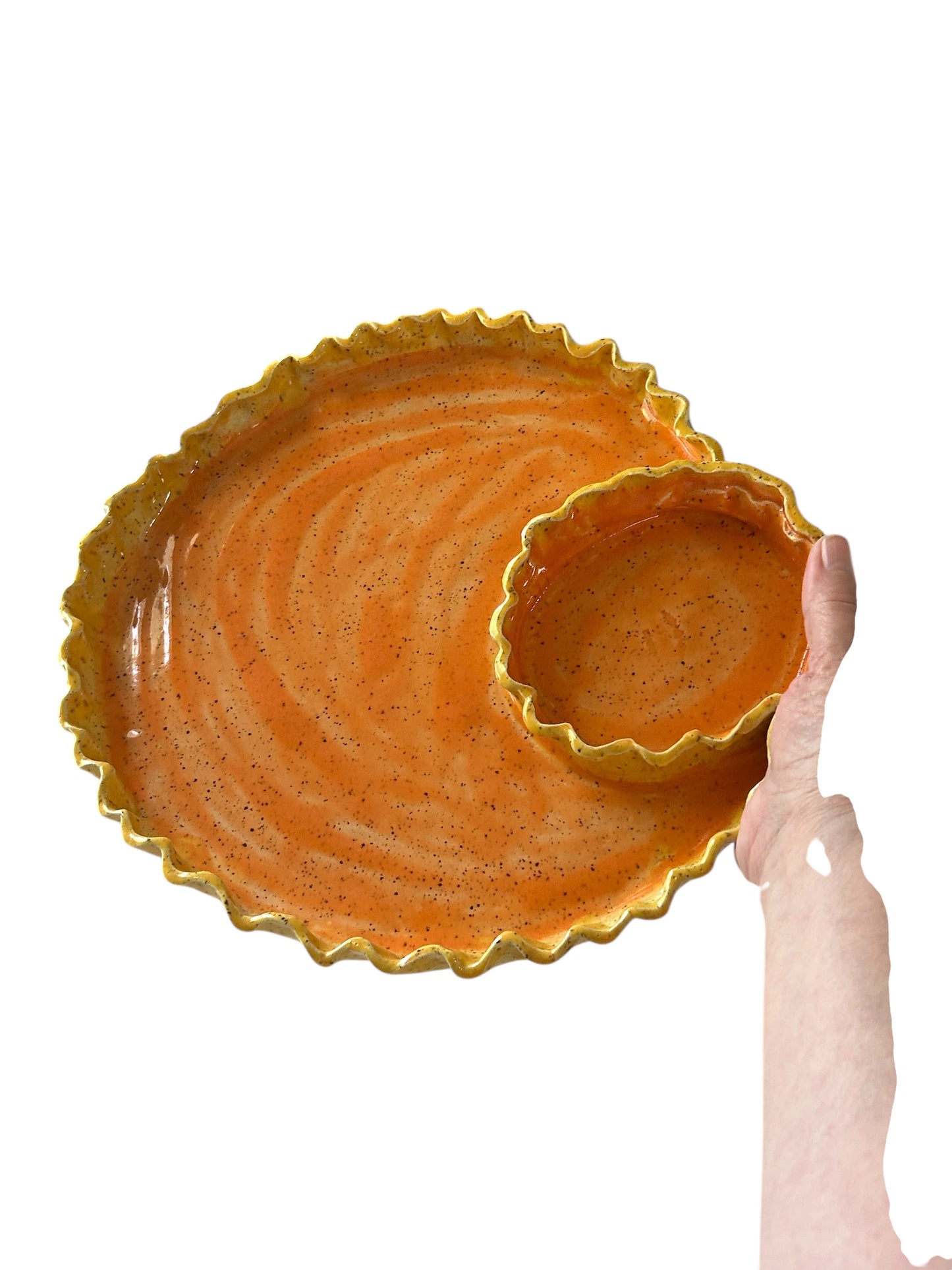 Handbuilt 2-Section Chip and Dip Platter #35 with Ruffled Edges in Orange and Yellow