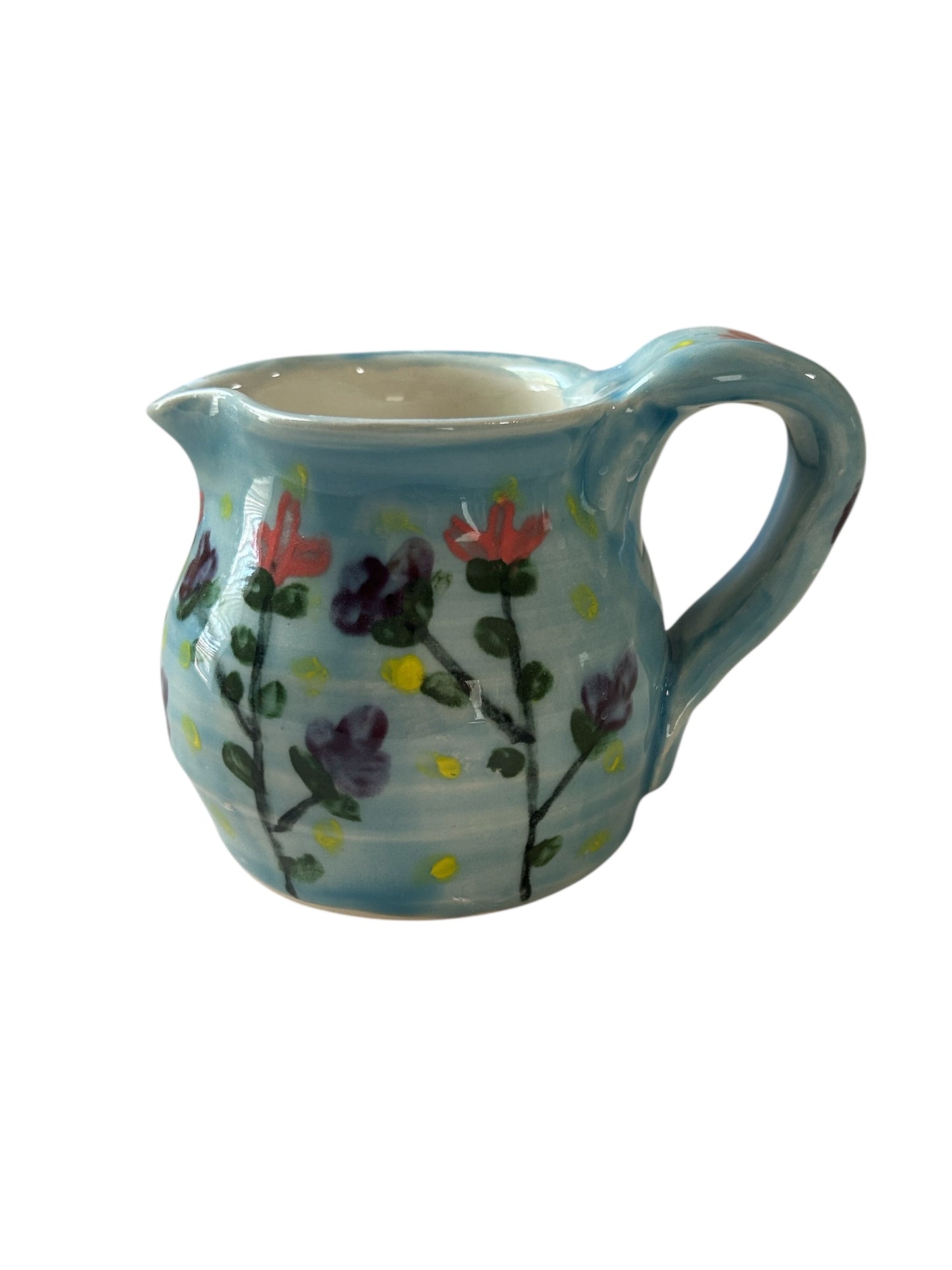 Handpainted Wheel-Thrown Creamer #38 with Stylized Flower Designs in Robin's Egg Blue