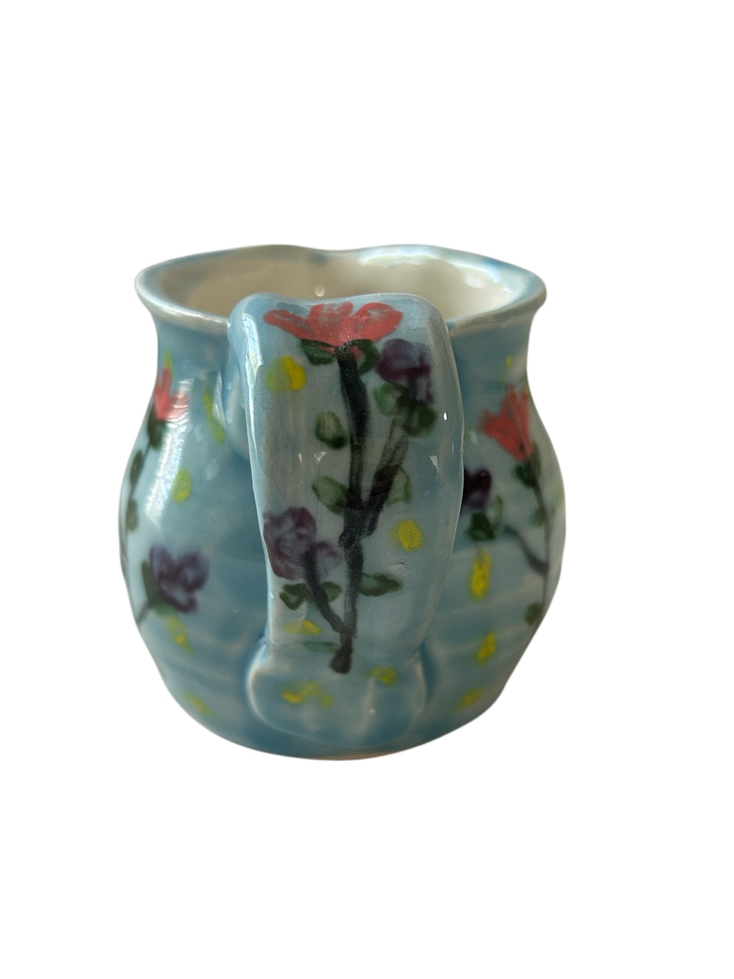 Handpainted Wheel-Thrown Creamer #38 with Stylized Flower Designs in Robin's Egg Blue