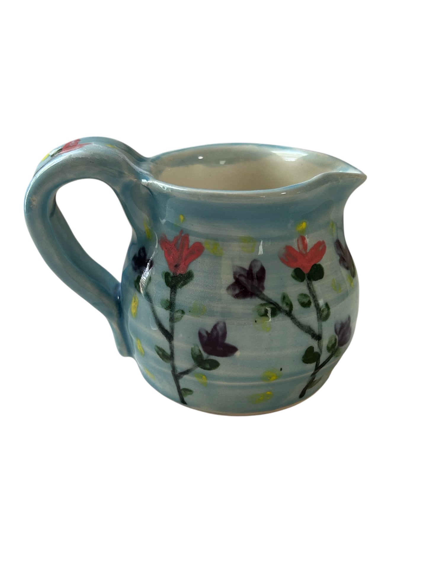 Handpainted Wheel-Thrown Creamer #38 with Stylized Flower Designs in Robin's Egg Blue